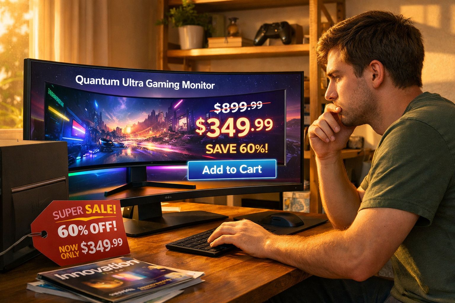 Homem concentrado usando computador enquanto vê promoção de monitor gamer com 60% de desconto na tela.