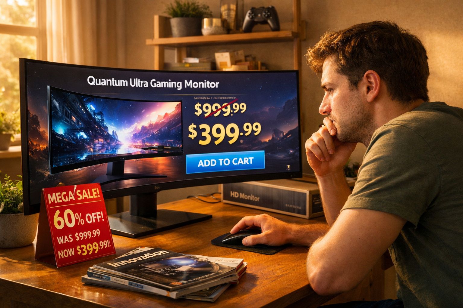 Homem analisando oferta com desconto de monitor curvo para jogos em tela de computador.