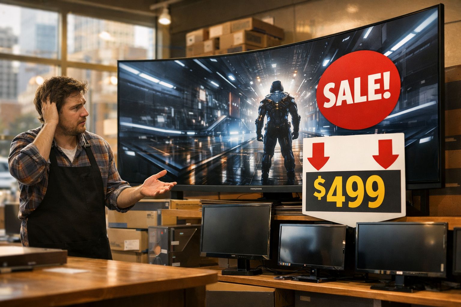 Homem confuso olha para TV grande em promoção custando $499 em loja de eletrônicos.