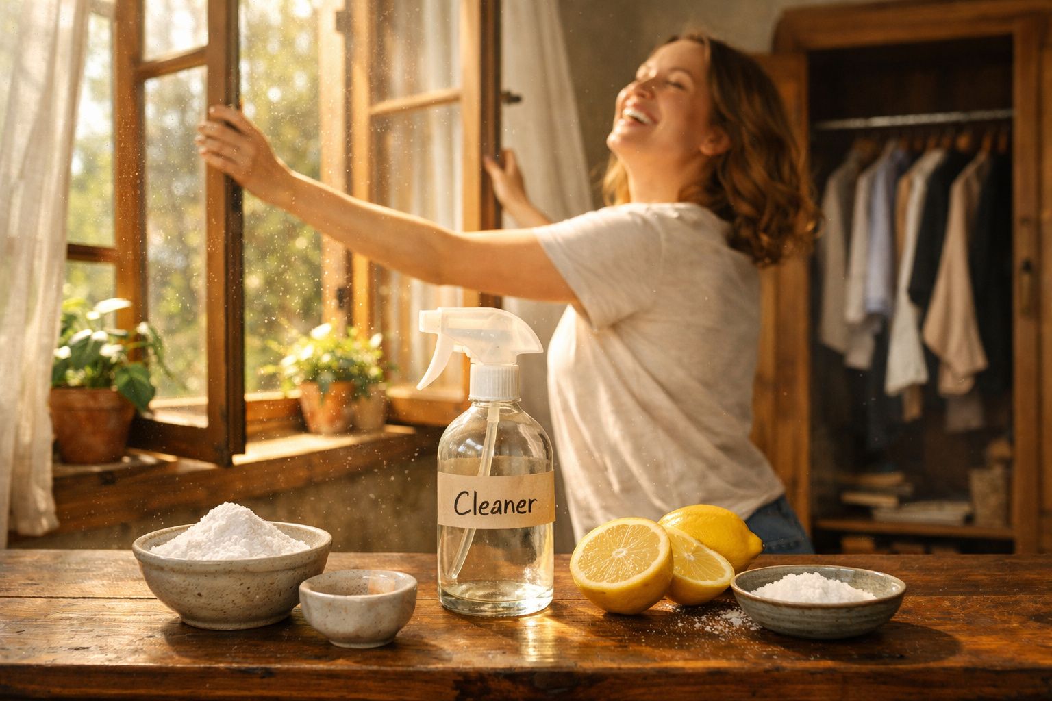 Mulher abrindo janela em ambiente ensolarado com limpador caseiro, limão e bicarbonato sobre mesa de madeira.
