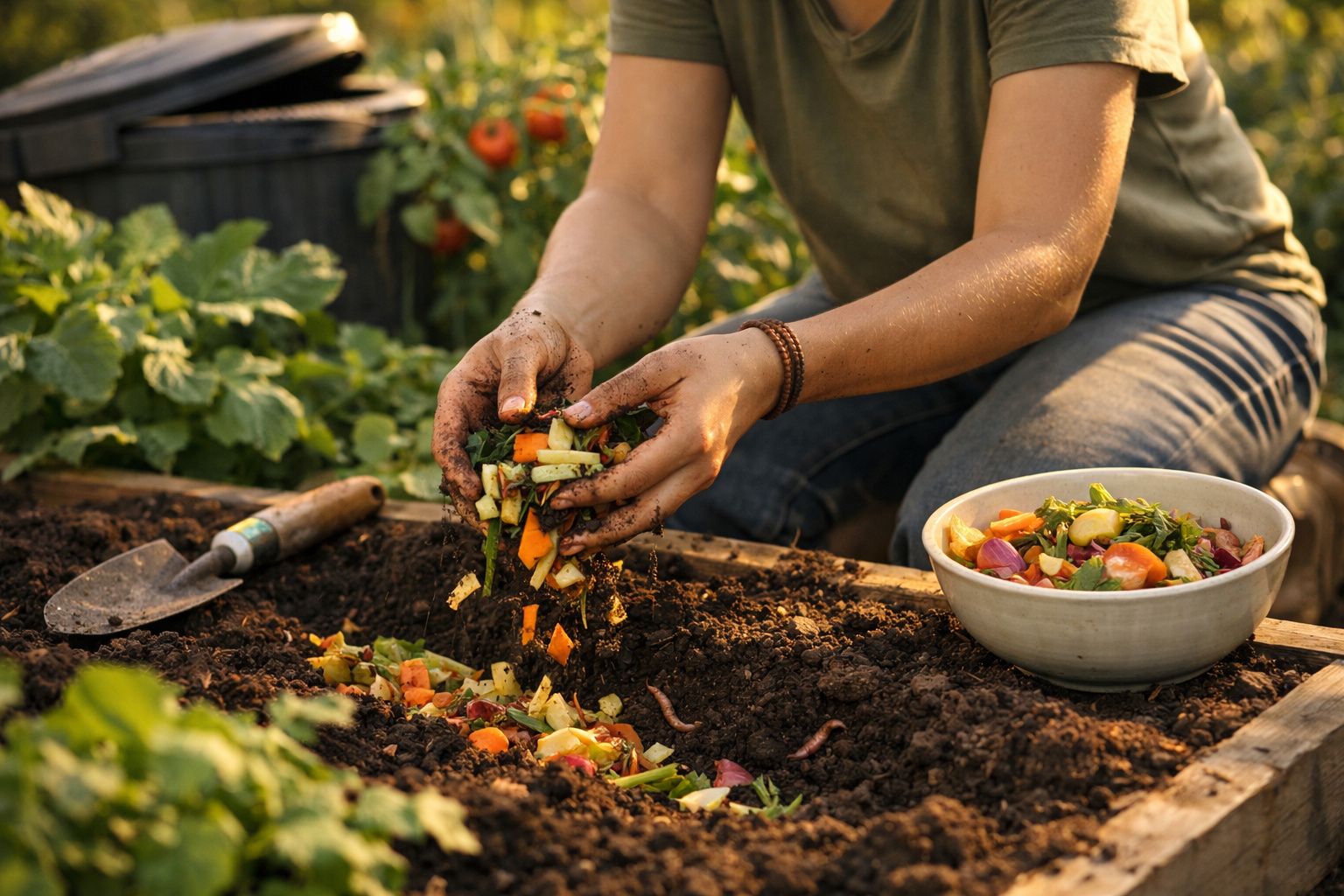 Pessoa colocando restos de alimentos na terra de uma horta caseira para compostagem.