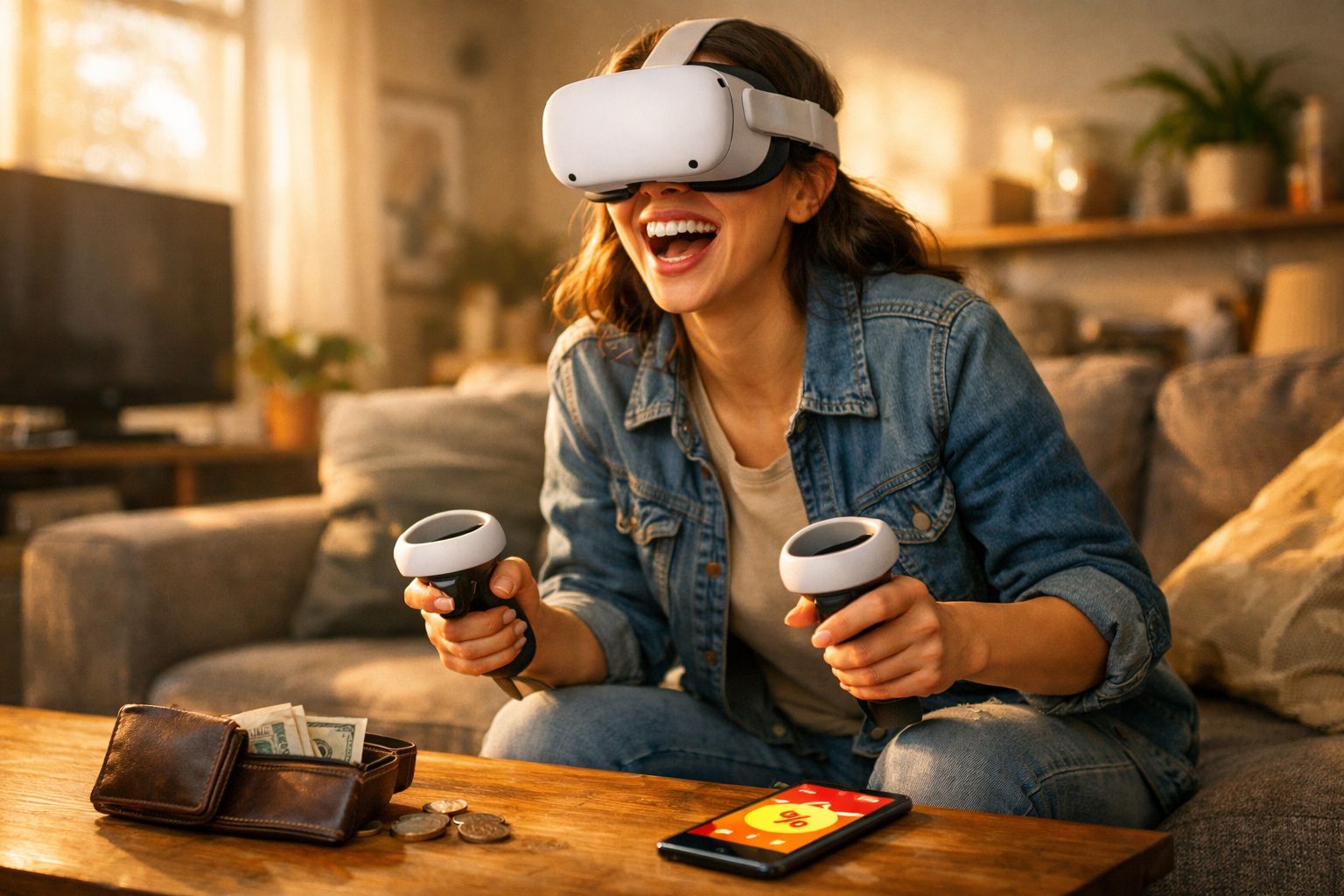 Mulher sorridente usando óculos de realidade virtual e controladores em casa, sentada no sofá.