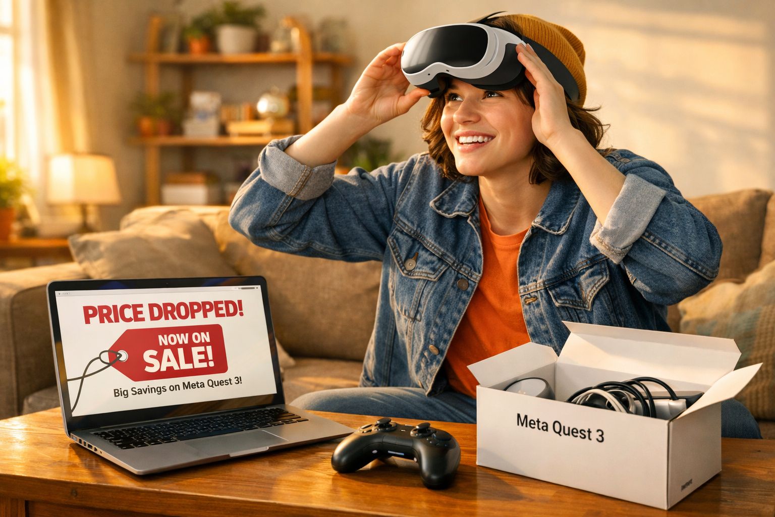 Mulher sorridente ajusta óculos VR Meta Quest 3, sentada próxima a laptop com anúncio de promoção.