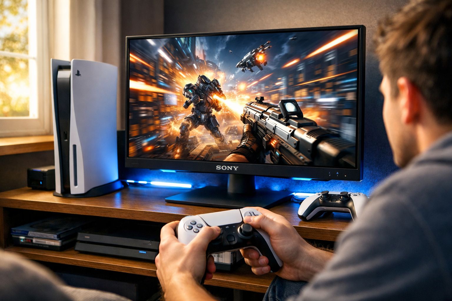 Pessoa jogando videogame de tiro em primeira pessoa em uma TV com console PlayStation 5 ao lado.