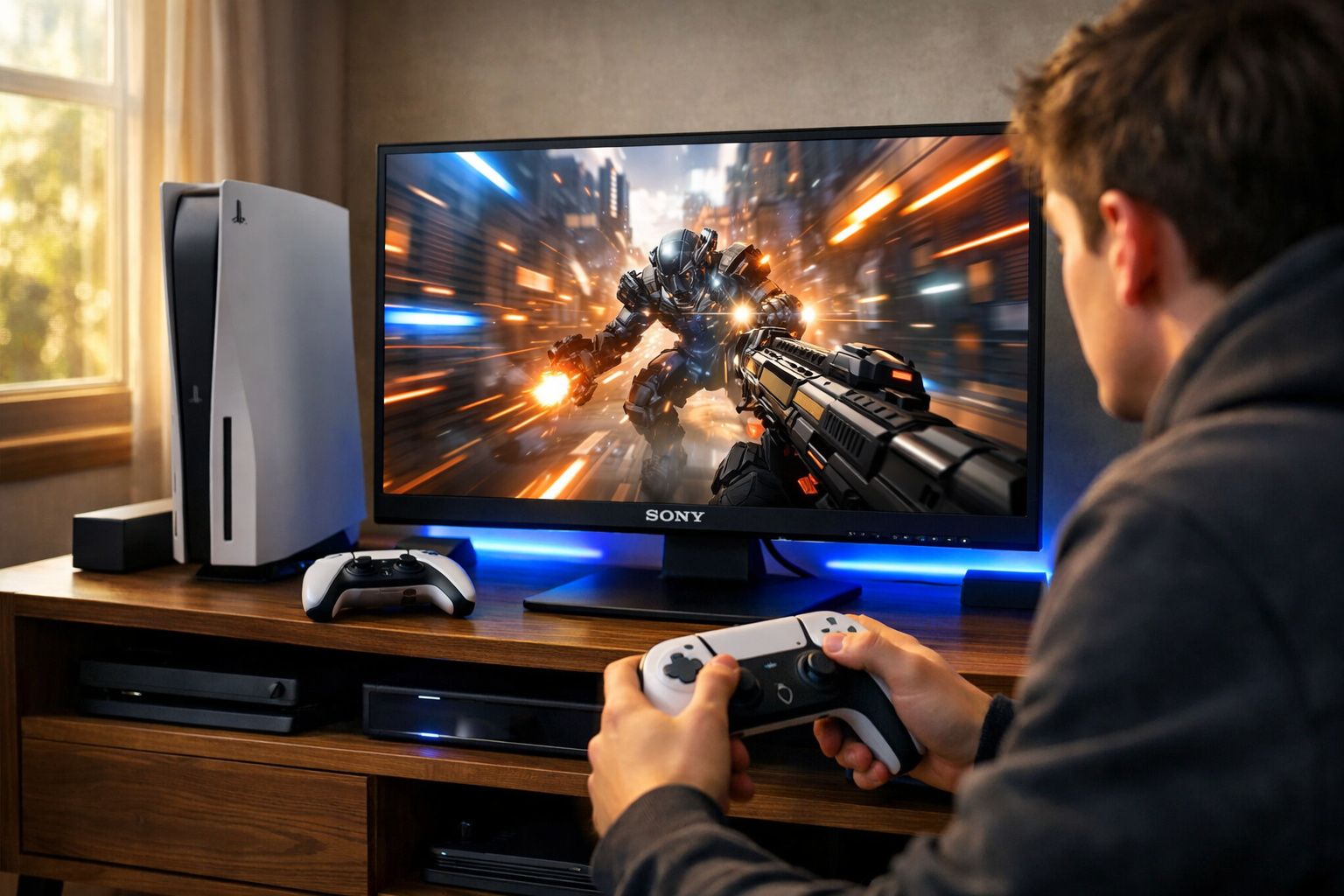 Jovem jogando videogame de tiro em primeira pessoa em TV com controle e console PlayStation 5 ao lado.