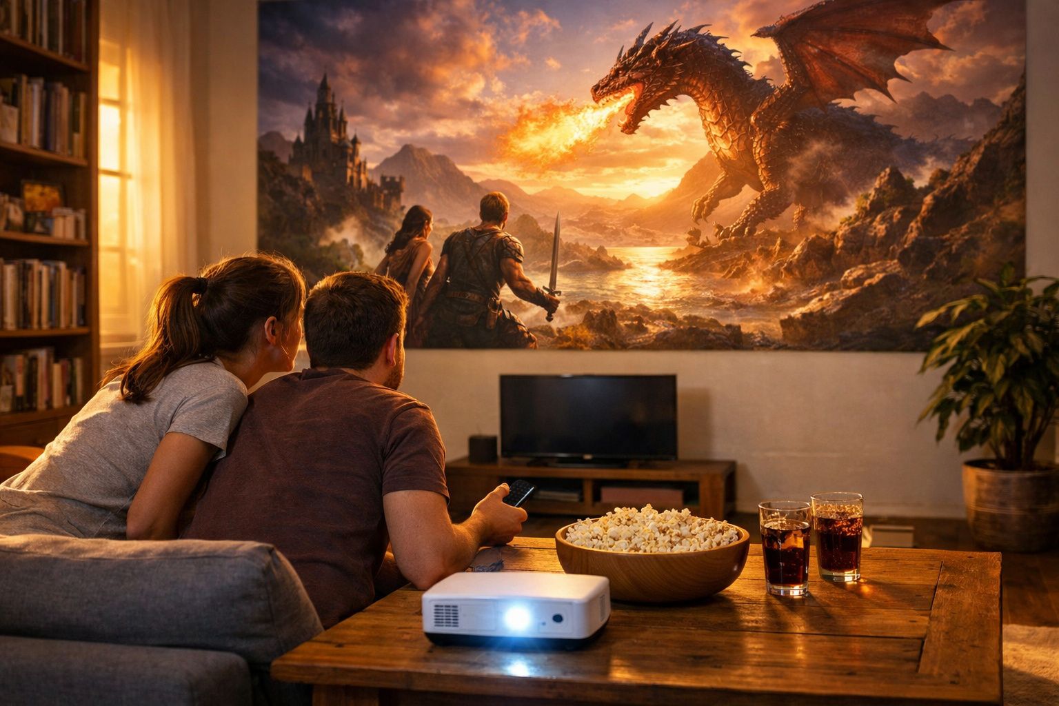 Casal assistindo filme de fantasia com dragão cuspindo fogo projetado na parede da sala.