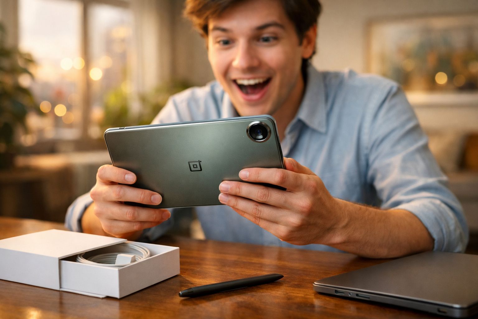 Homem animado segurando tablet OnePlus próximo a caixa e laptop em mesa de madeira.