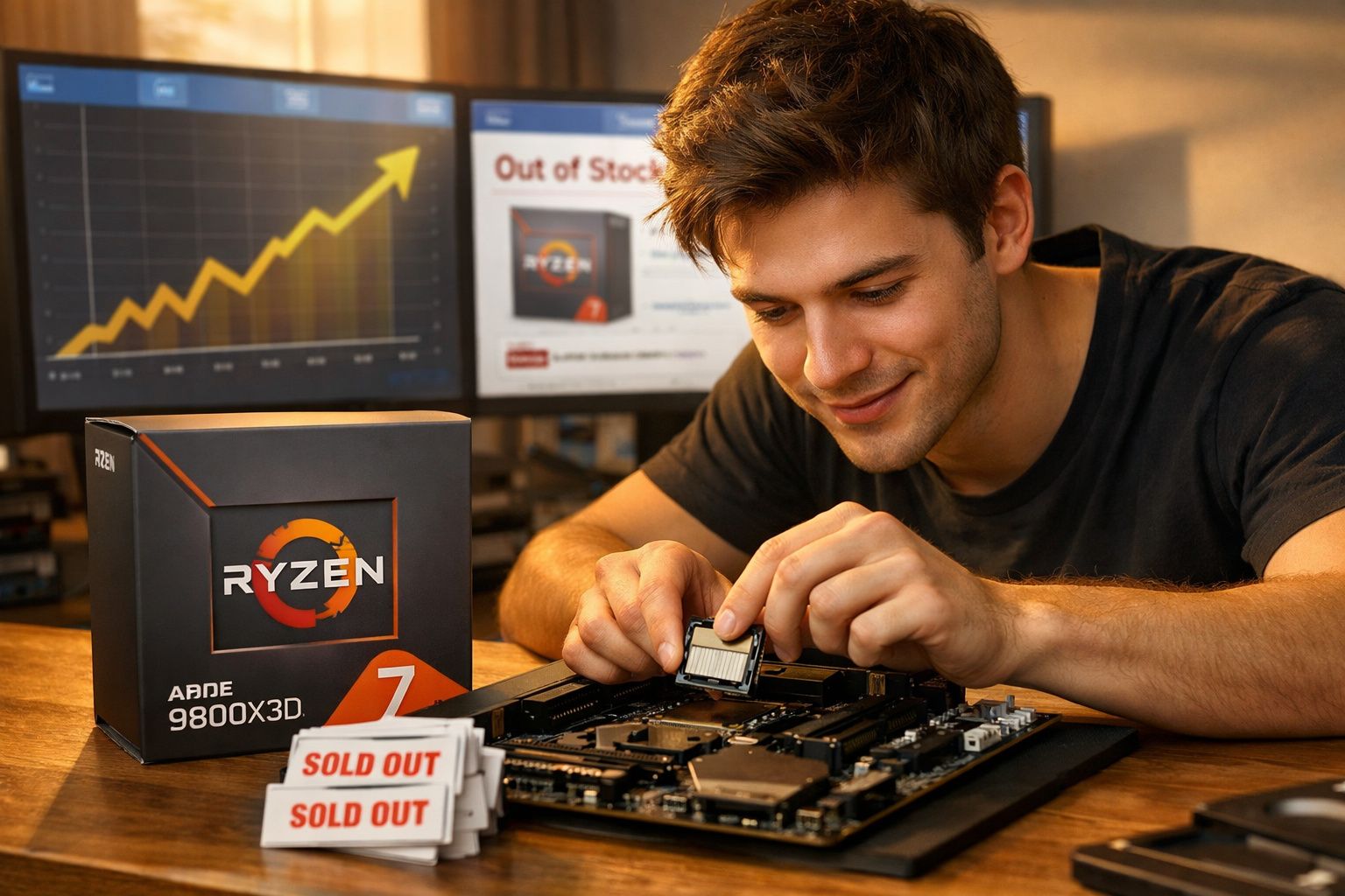 Jovem instalando processador Ryzen em placa-mãe com gráficos positivos e alertas de produto esgotado ao fundo.