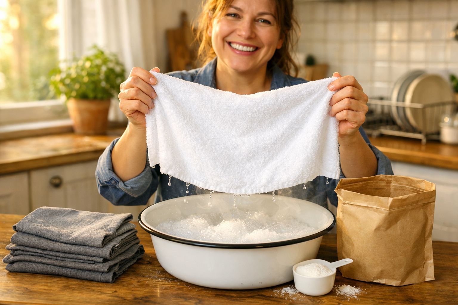 Mulher sorridente torcendo toalha branca sobre água em bacia na cozinha iluminada.