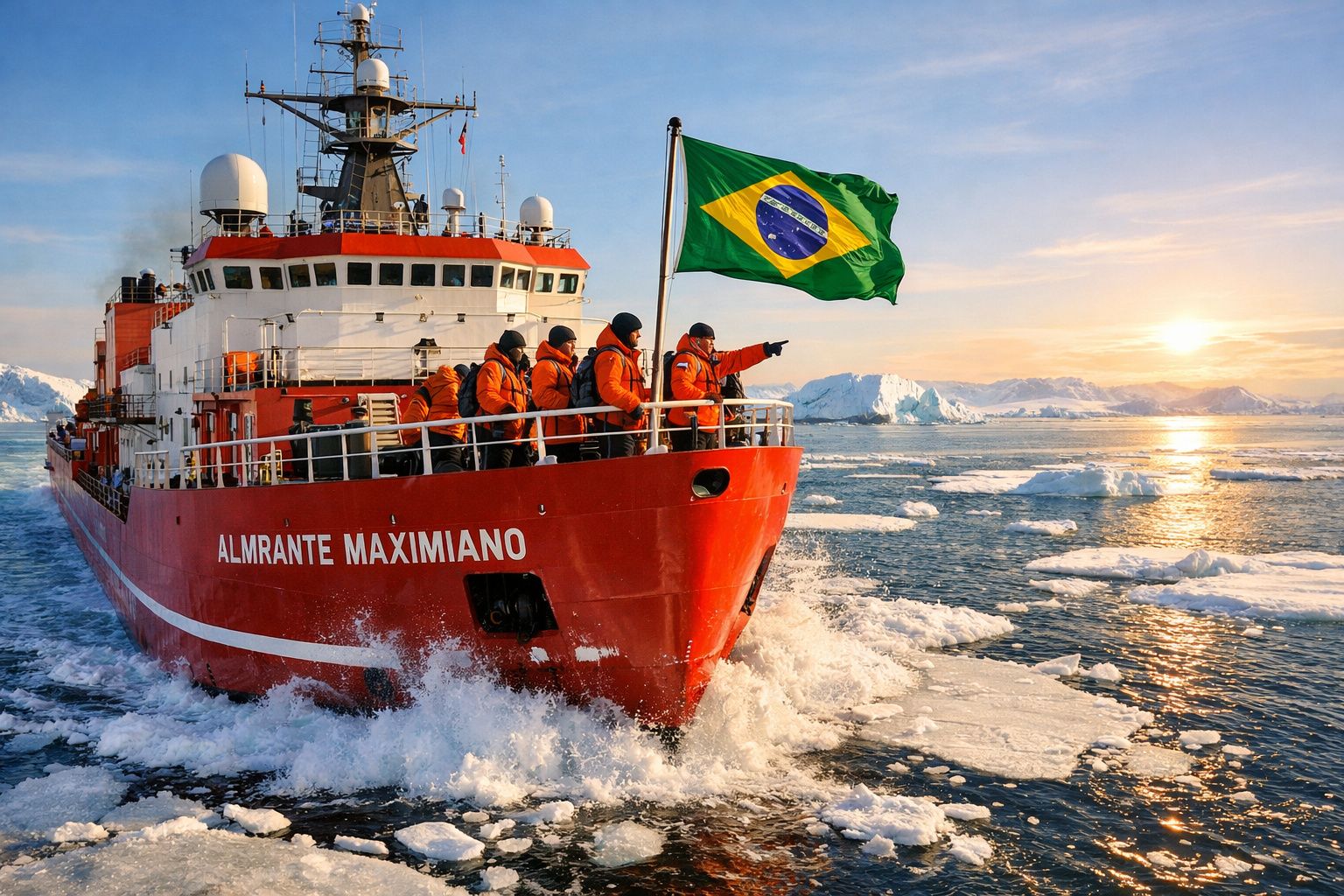 Navio de pesquisa brasileiro Almirante Maximiano navegando em gelo polar com bandeira do Brasil e tripulantes.