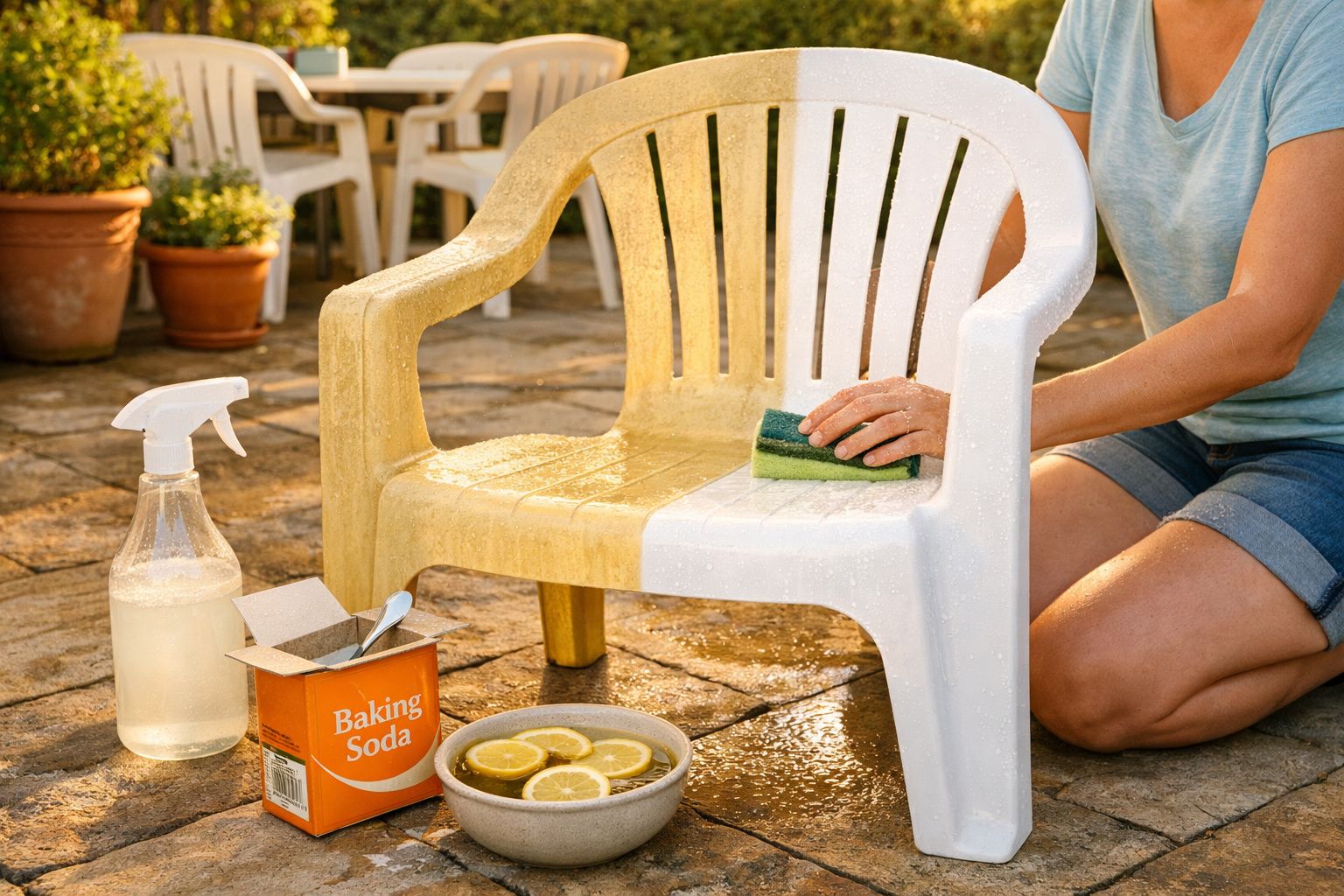 Pessoa limpando cadeira plástica amarela suja com esponja, bicarbonato de sódio e limão ao lado.