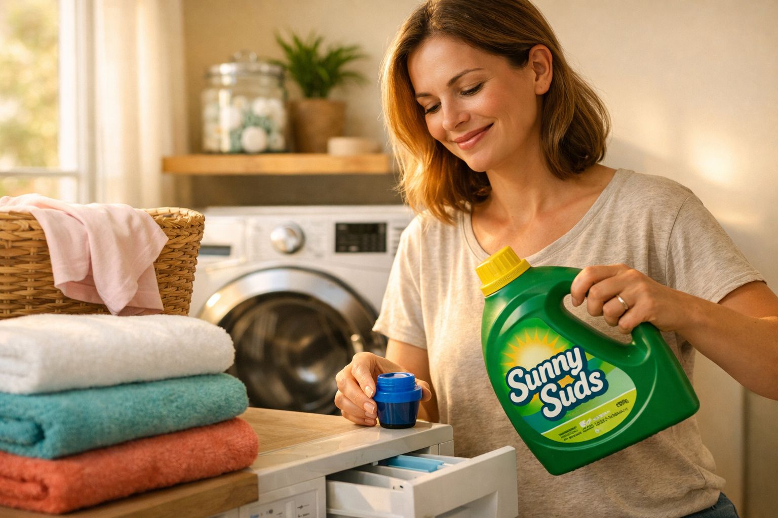 Mulher sorrindo abastecendo dose de alvejante Sunny Suds em máquina de lavar na lavanderia.