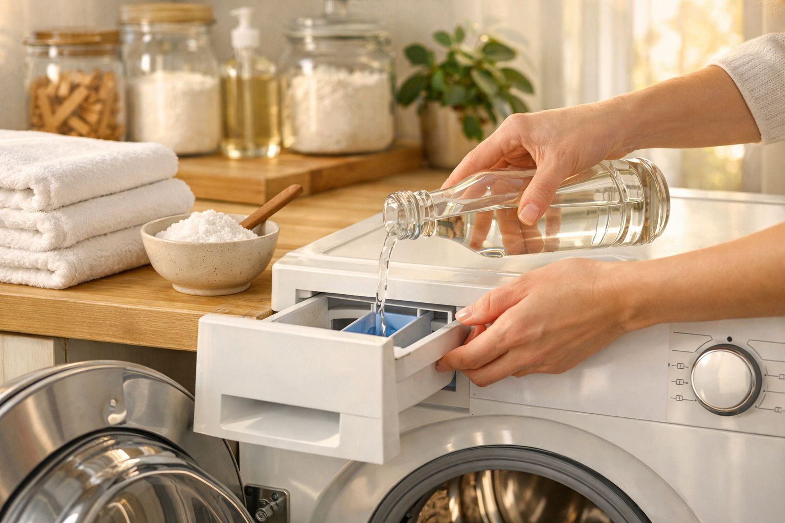 Pessoa despejando líquido em compartimento de máquina de lavar roupas em ambiente doméstico.