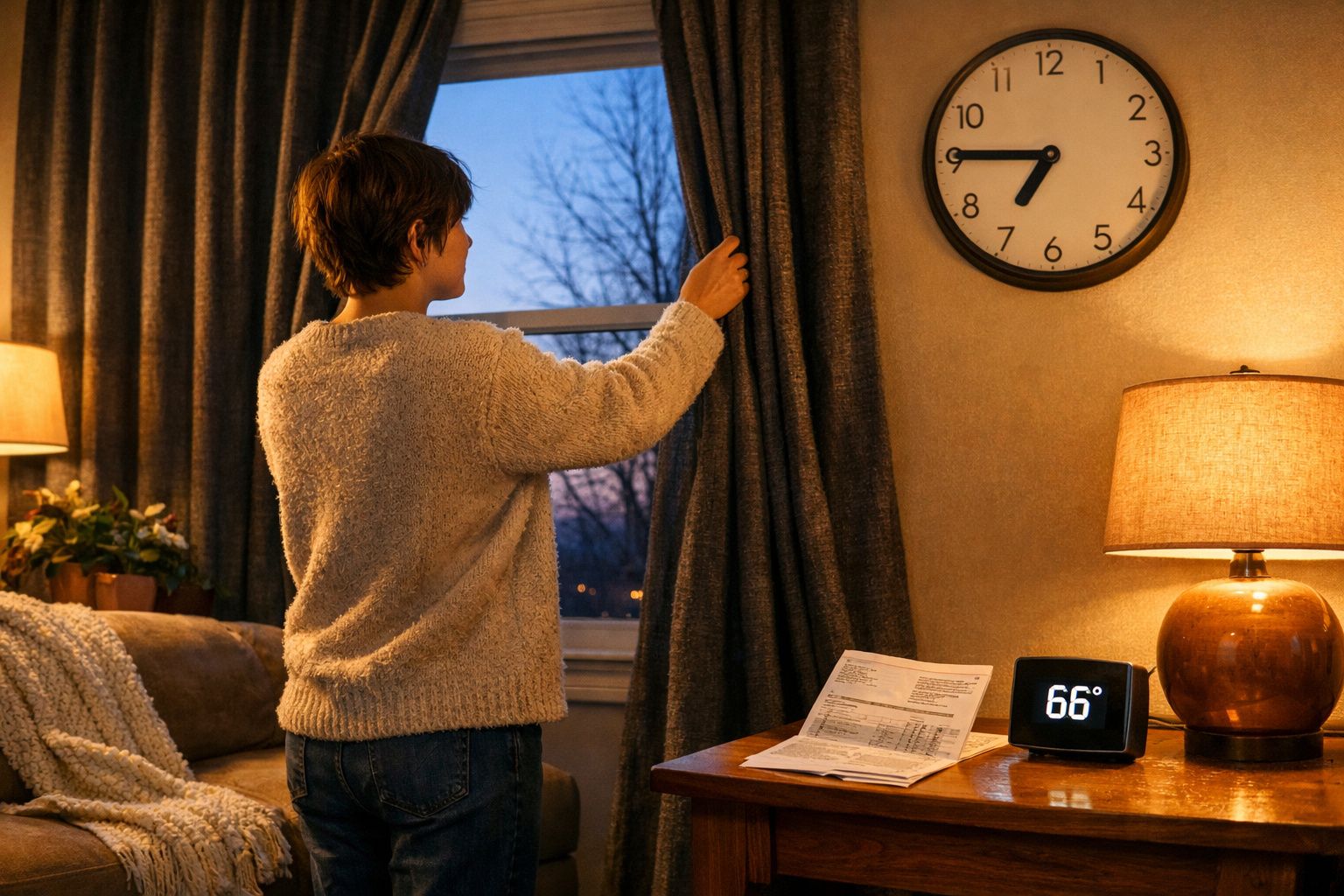 Pessoa abrindo cortina em sala aconchegante ao entardecer, relógio marca 7h e termômetro digital 66°F.