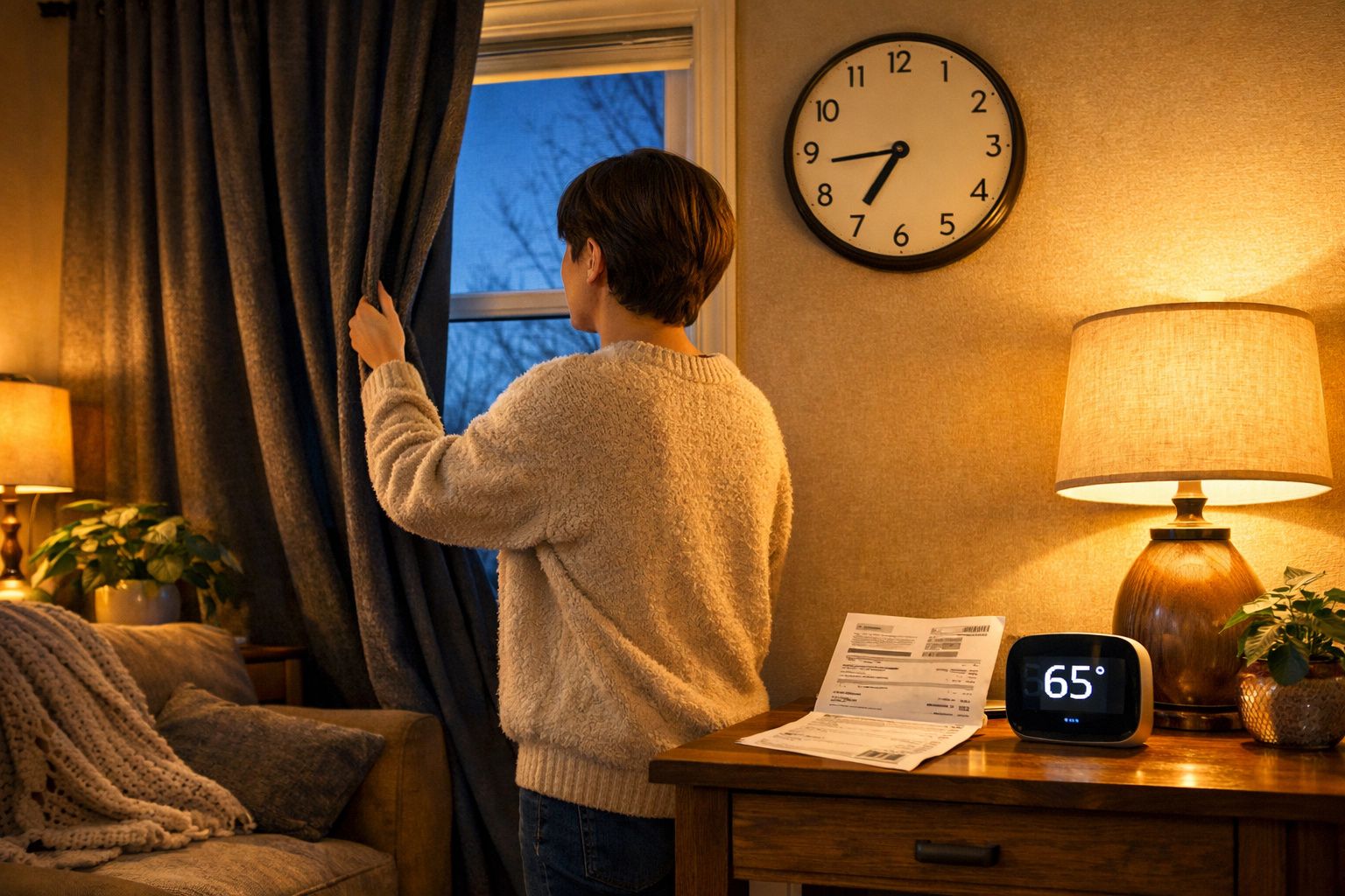 Pessoa abrindo cortina à noite em sala iluminada por abajur, com termostato marcando 65°F na mesa.