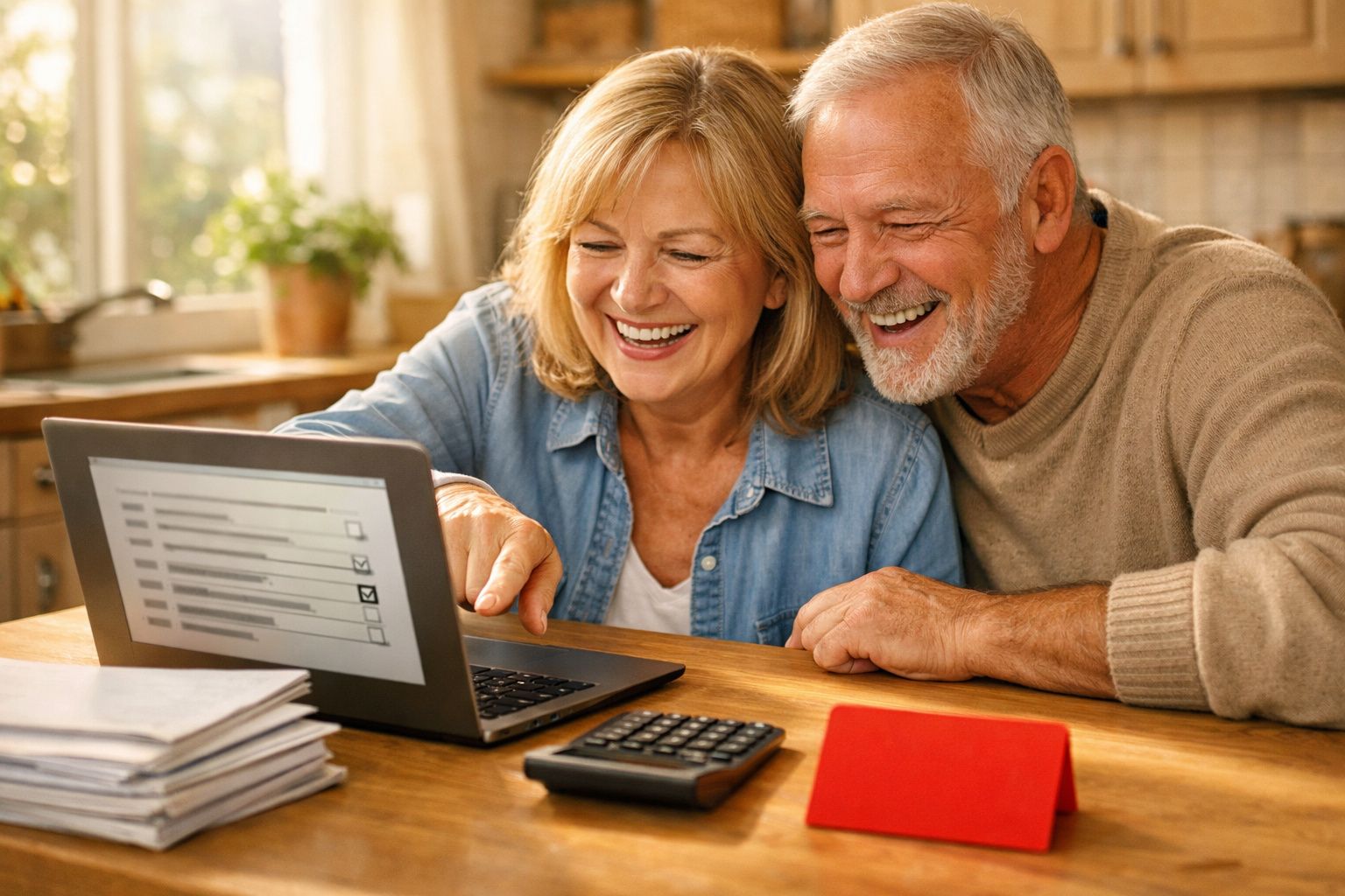 Casal maduro sorrindo enquanto usa laptop na cozinha, com calculadora e documentos na mesa.