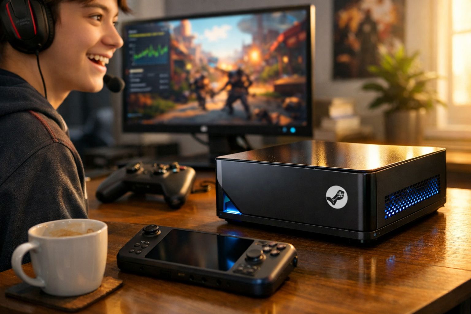 Pessoa sorrindo com headset, joystick, console Steam e gameplay em monitor ao fundo em ambiente iluminado.