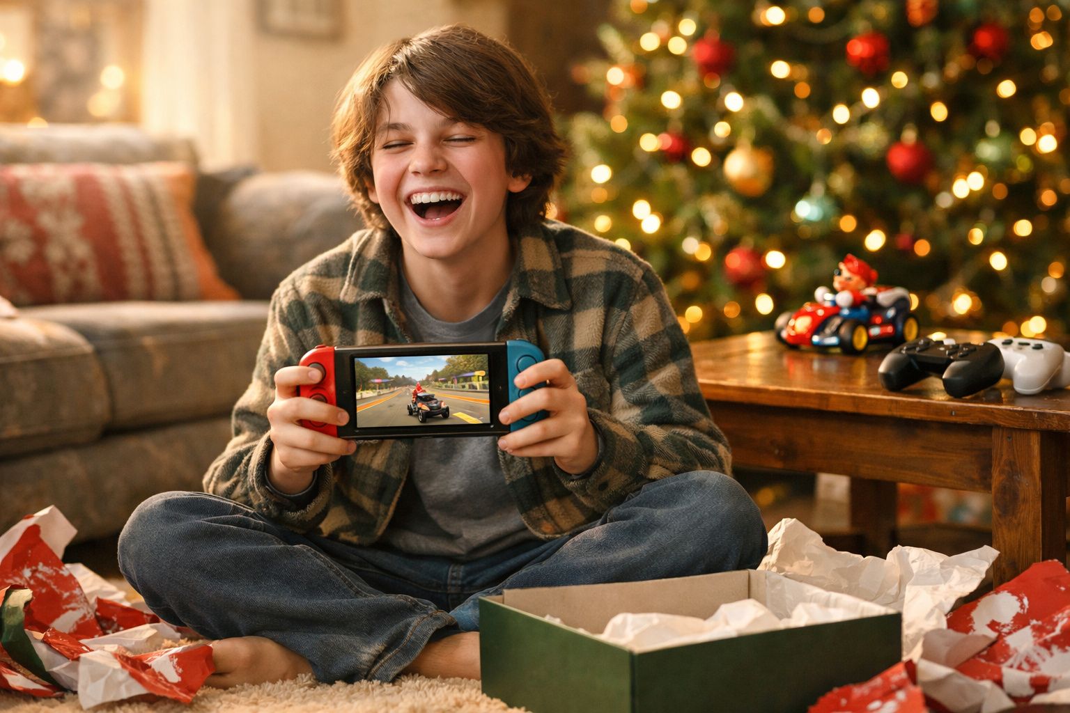 Criança sorrindo sentada no chão com videogame novo em mãos, ao lado de árvore de Natal decorada.