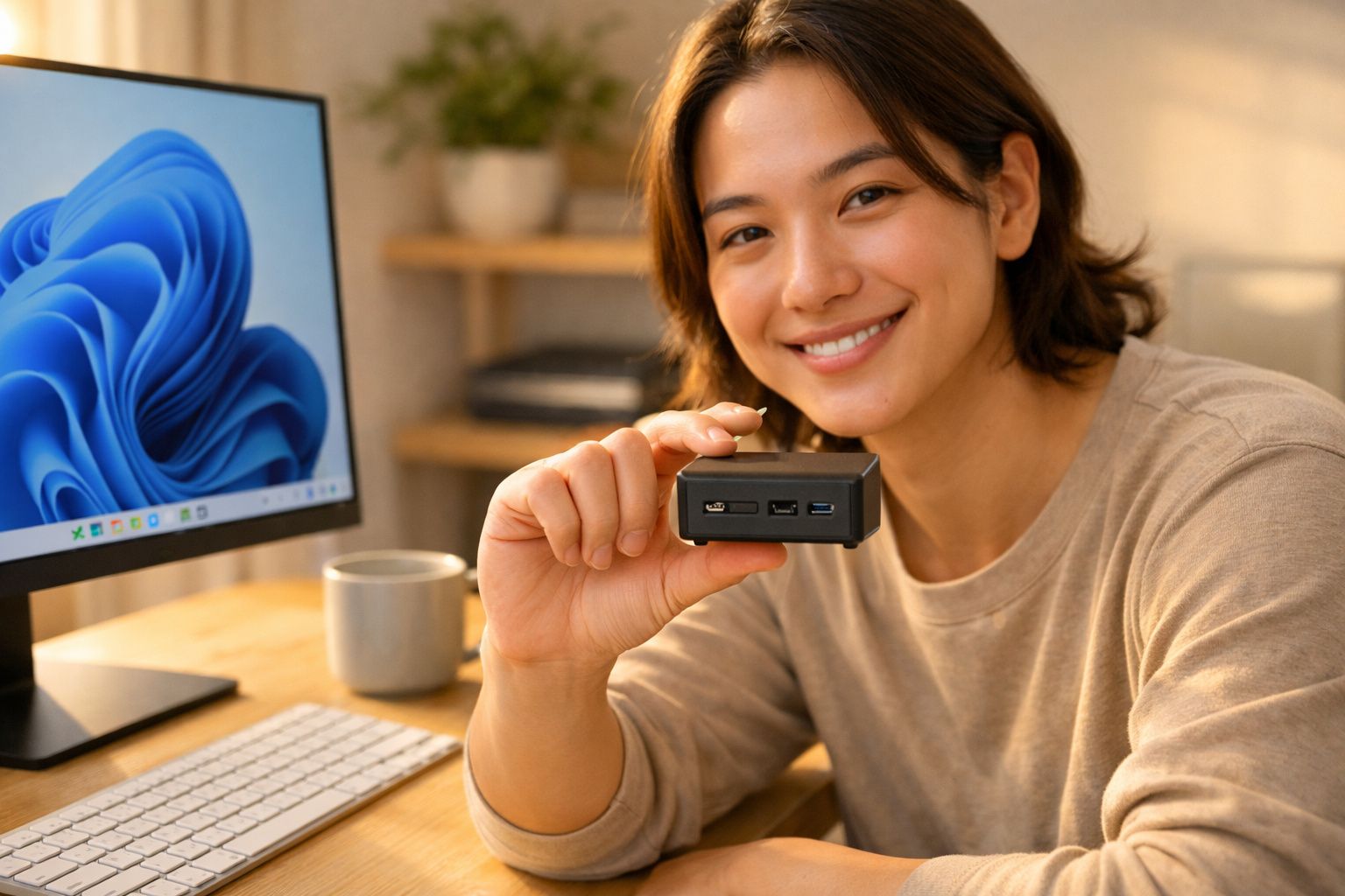 Pessoa sorridente segurando um mini computador próximo a um monitor de computador em uma mesa.