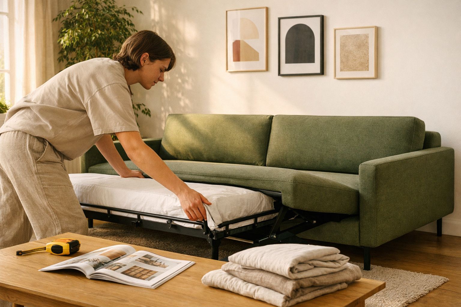 Pessoa abrindo sofá-cama verde em sala com mesa, revista e quadros na parede.