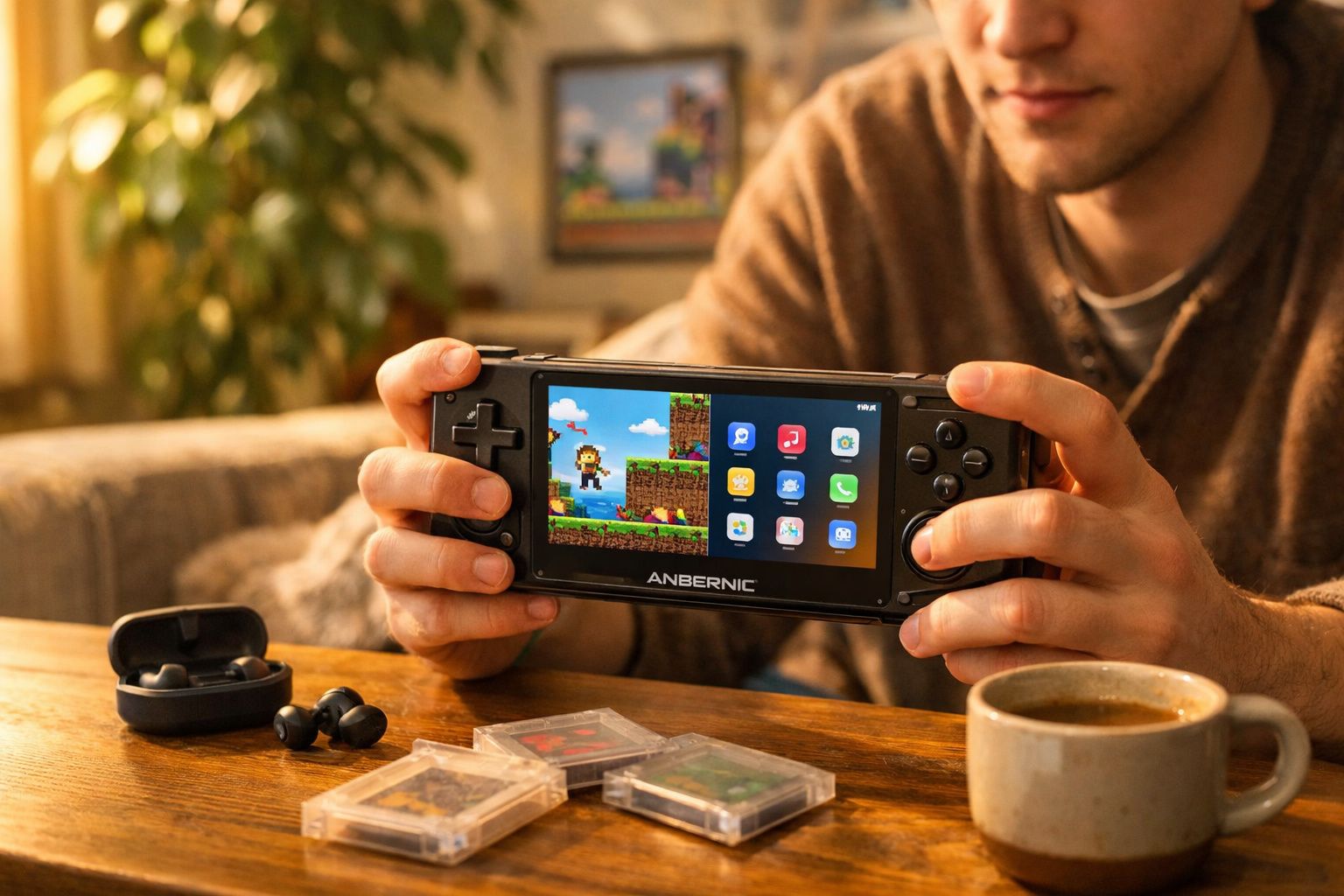 Pessoa segurando console portátil Anbernic com jogo pixelado na tela, fones e café na mesa.