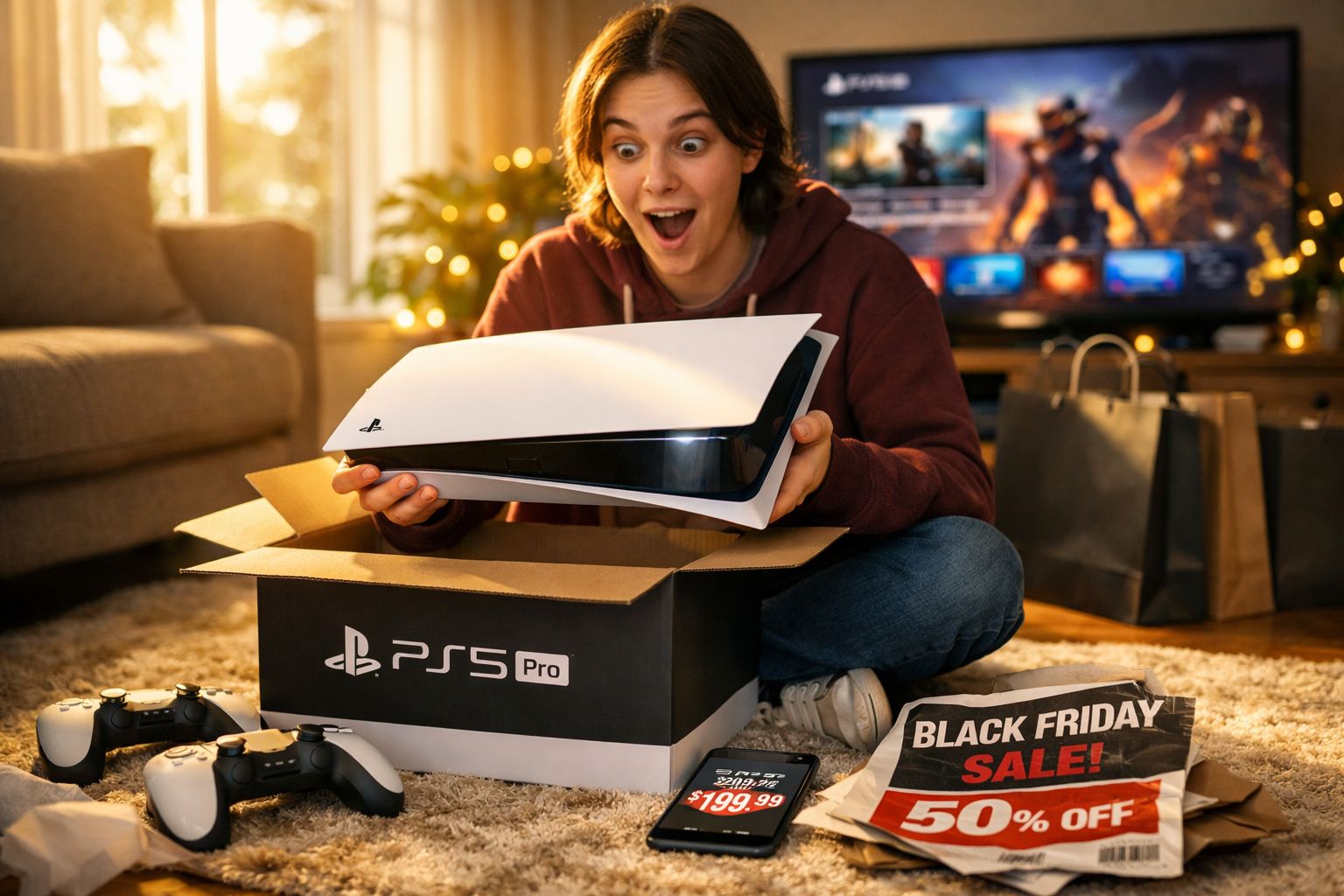 Jovem empolgado desembrulhando console PS5 Pro em sala com controles e anúncio de promoção Black Friday.