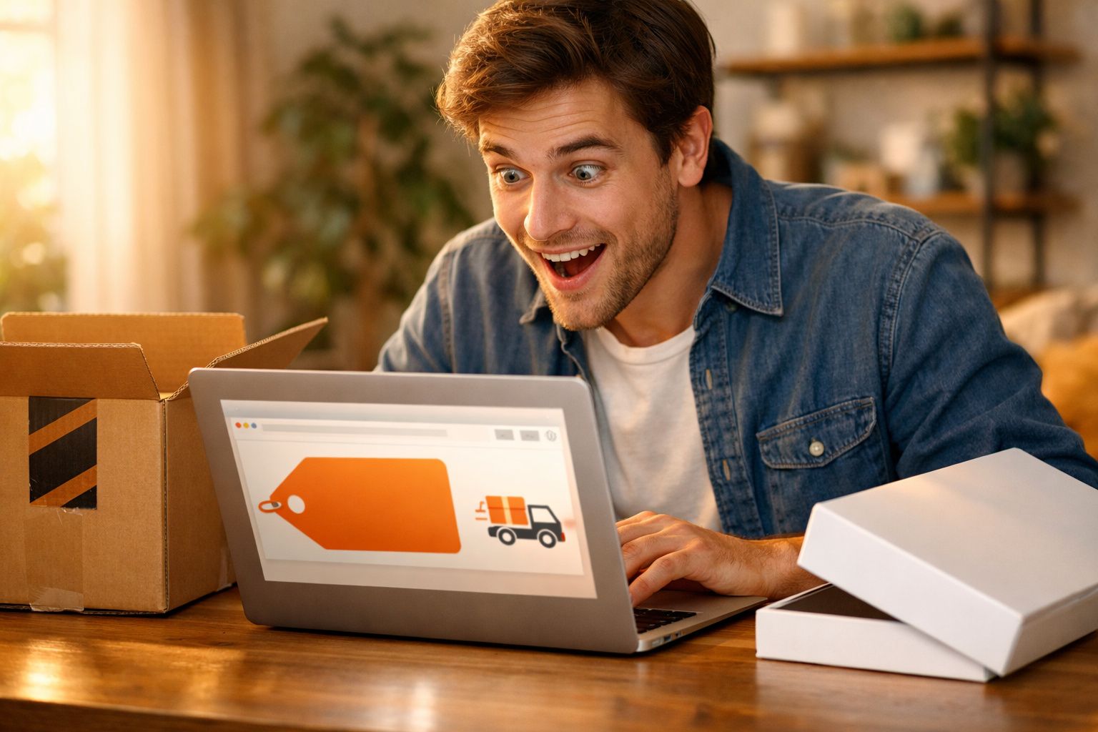 Homem animado olhando para laptop com caixas abertas ao lado durante compra online em casa.