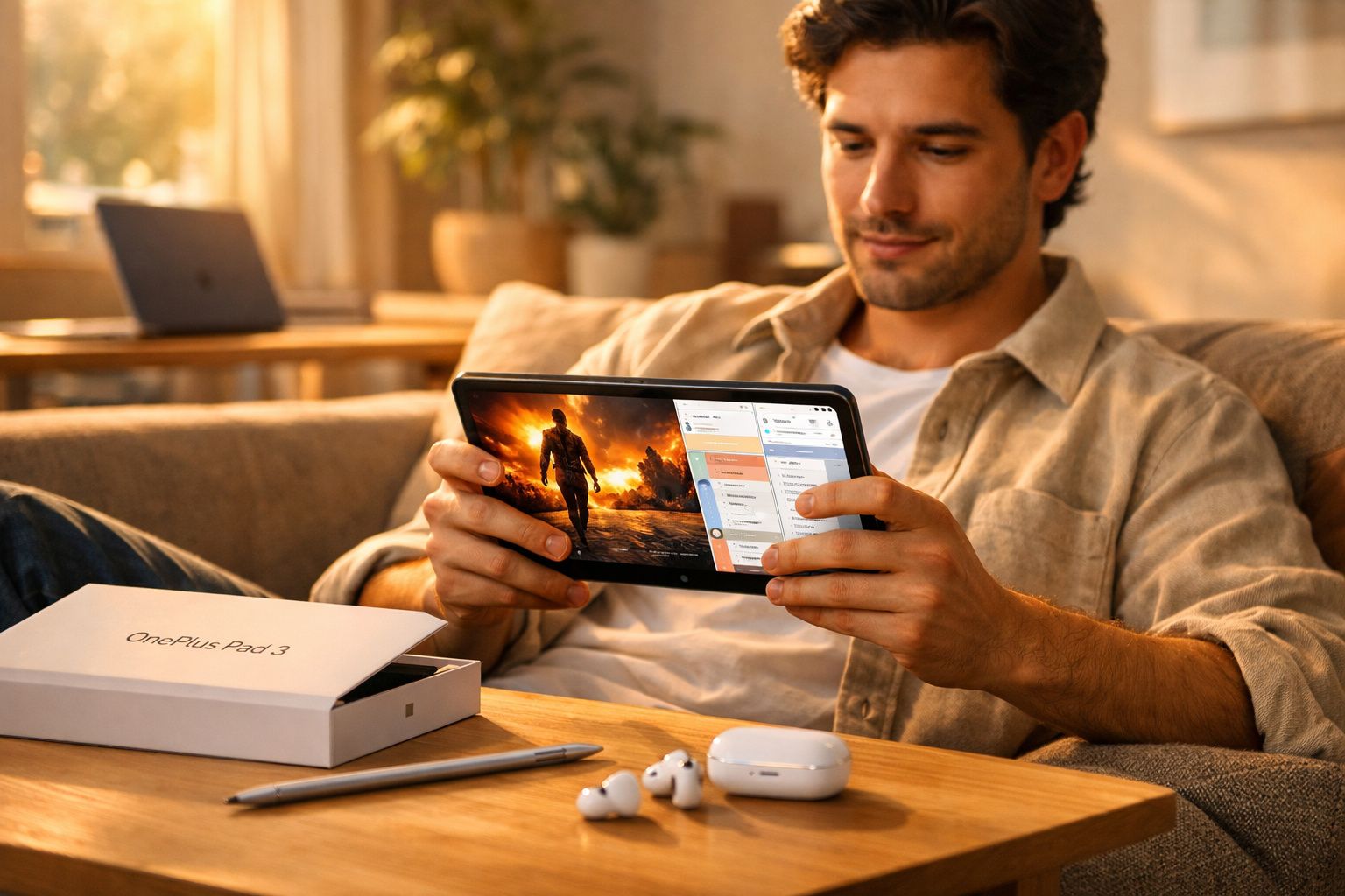 Homem sentado no sofá usando um tablet OnePlus Pad 3, com fone e estojo sobre a mesa.