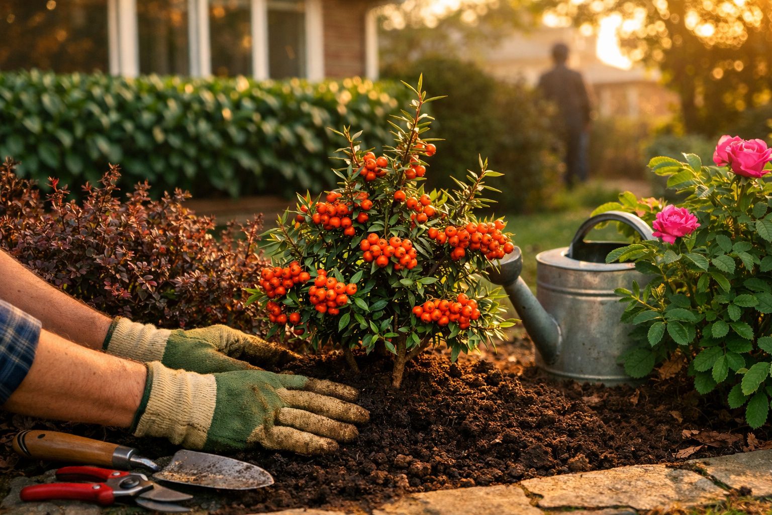 Pessoa plantando arbusto com frutos vermelhos em jardim ensolarado, ao lado de regador e flores rosas.