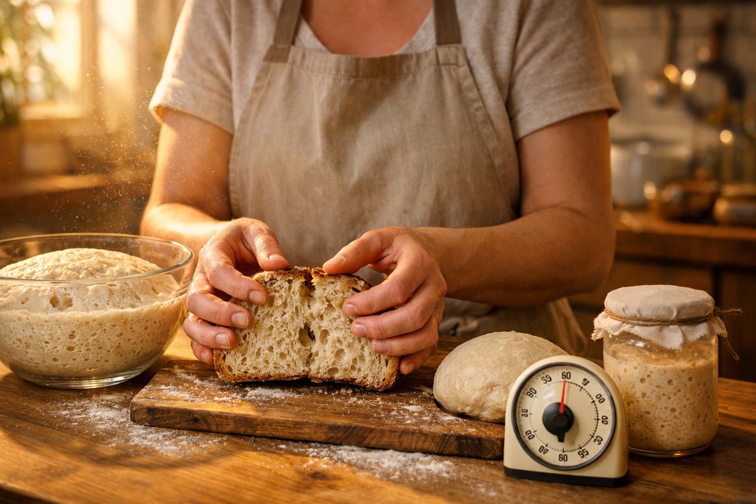 Pessoa segurando pão caseiro cortado ao meio em tábua, com massa, fermento e balança em cima de mesa de madeira.