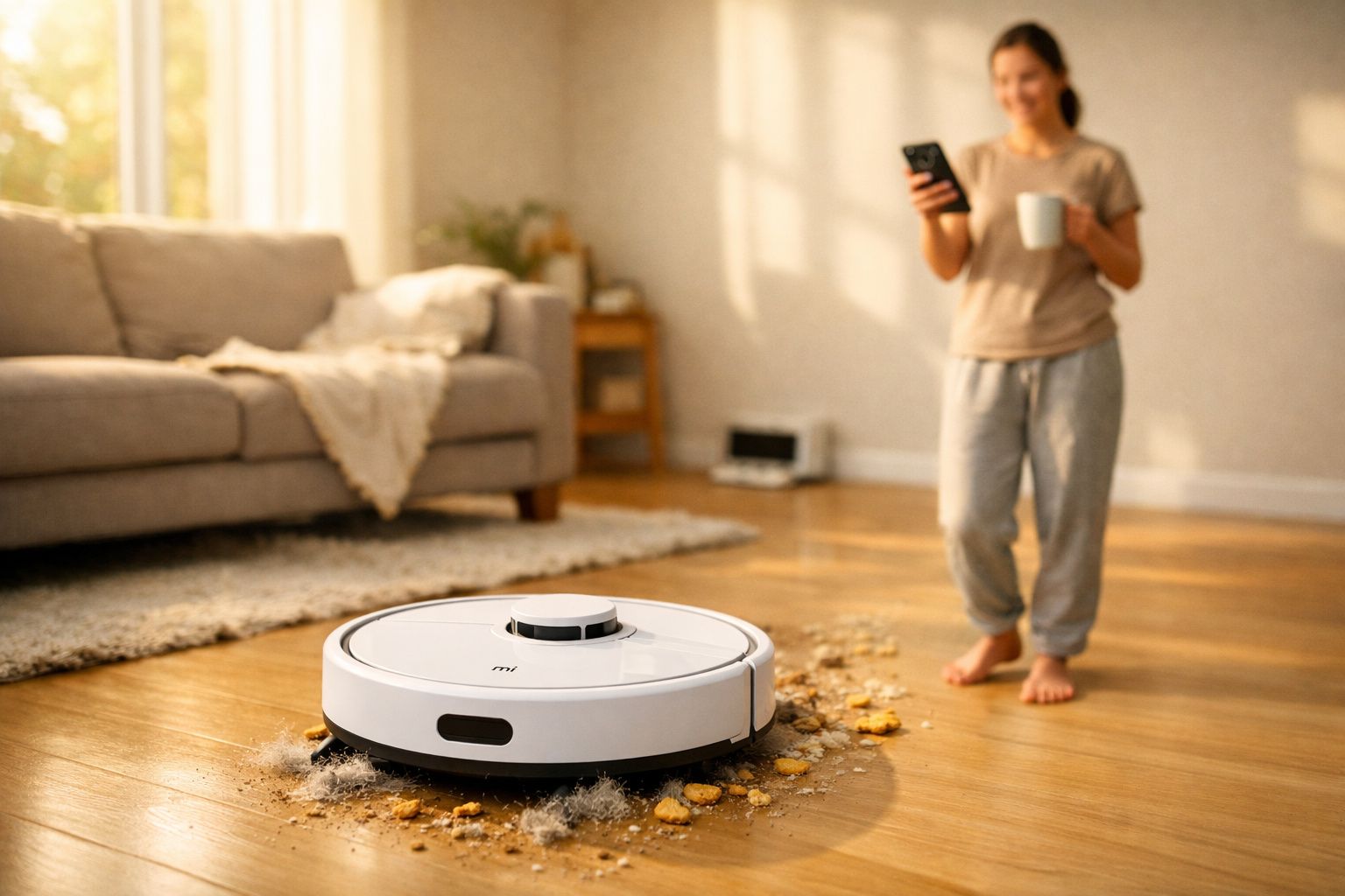 Aspirador robô limpando sujeira no chão de casa com mulher controlando pelo celular ao fundo.