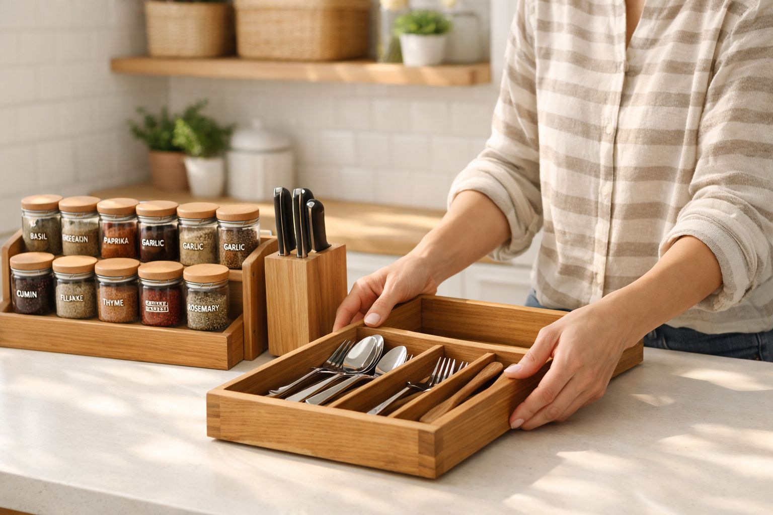 Pessoa organizando talheres em gaveta de madeira, com potes de temperos etiquetados ao fundo na cozinha.