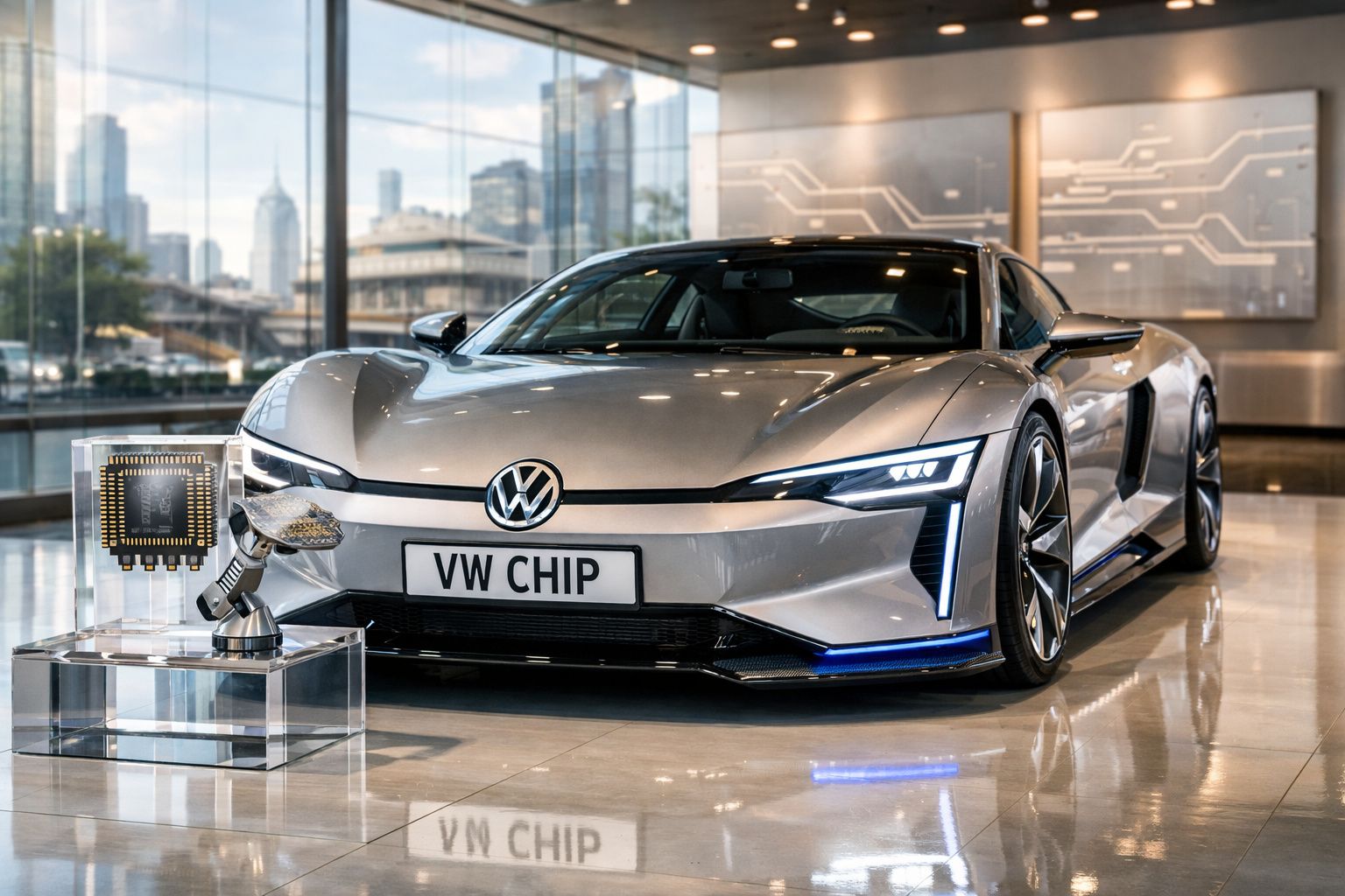 Carro esportivo elétrico prata da Volkswagen em showroom com chip eletrônico em destaque ao lado.