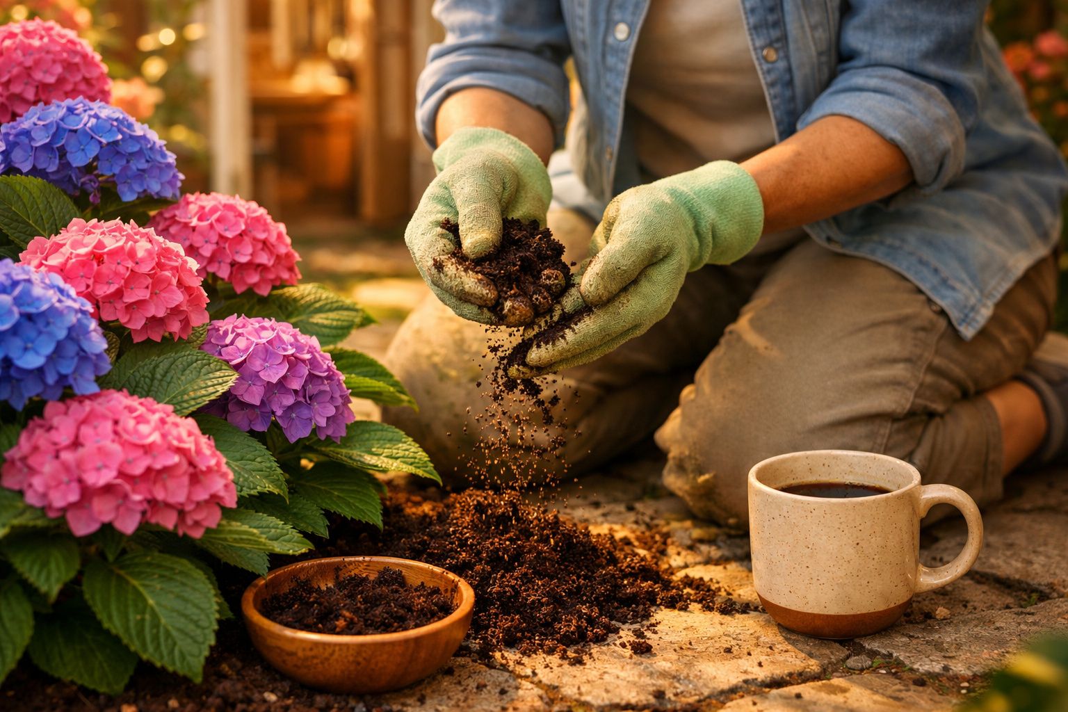 Pessoa com luvas manipulando terra para plantar flores coloridas ao lado de uma caneca de café.