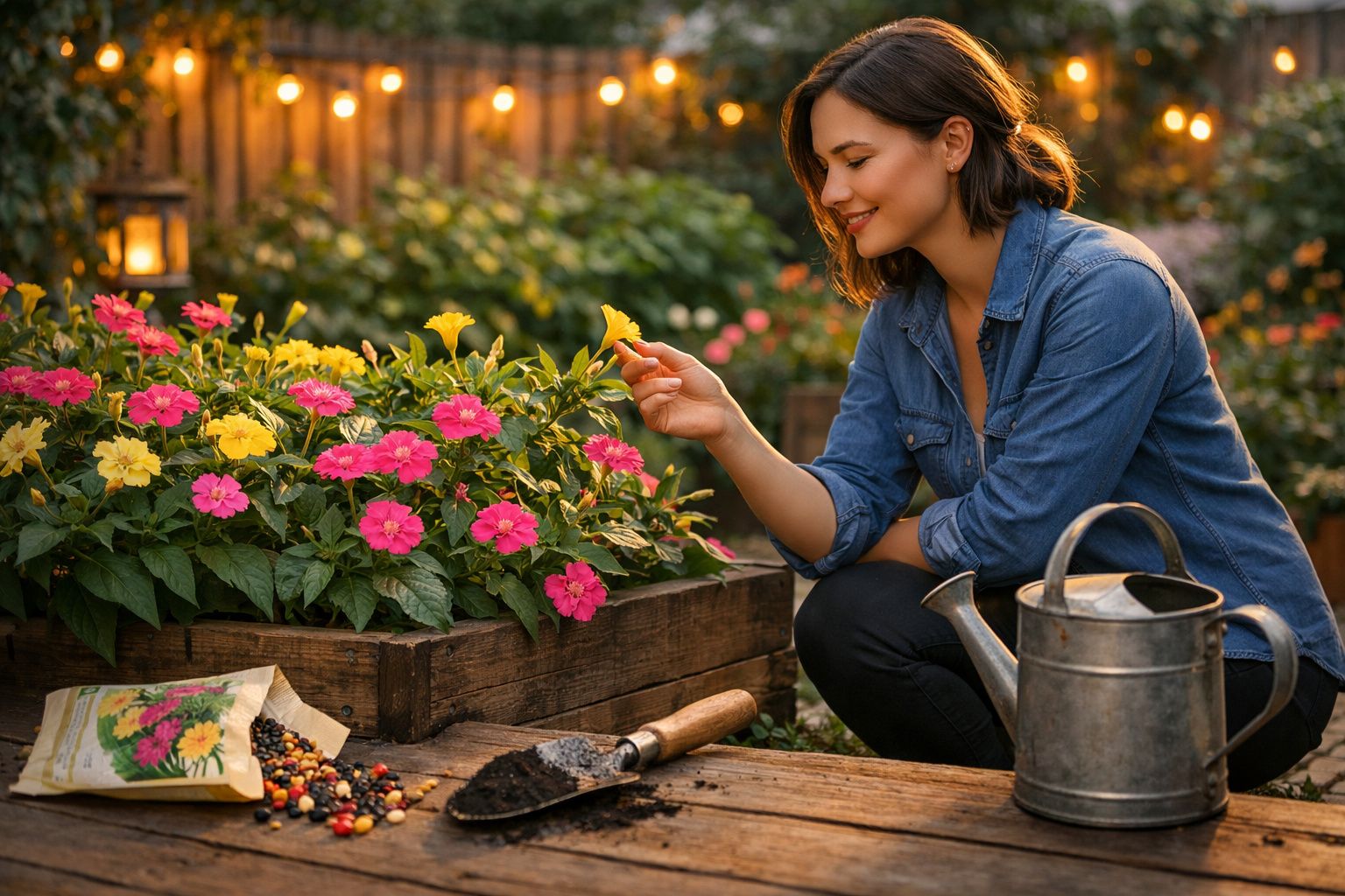 Mulher sorrindo cuidando de flores coloridas em jardim com regador e sementes ao lado.