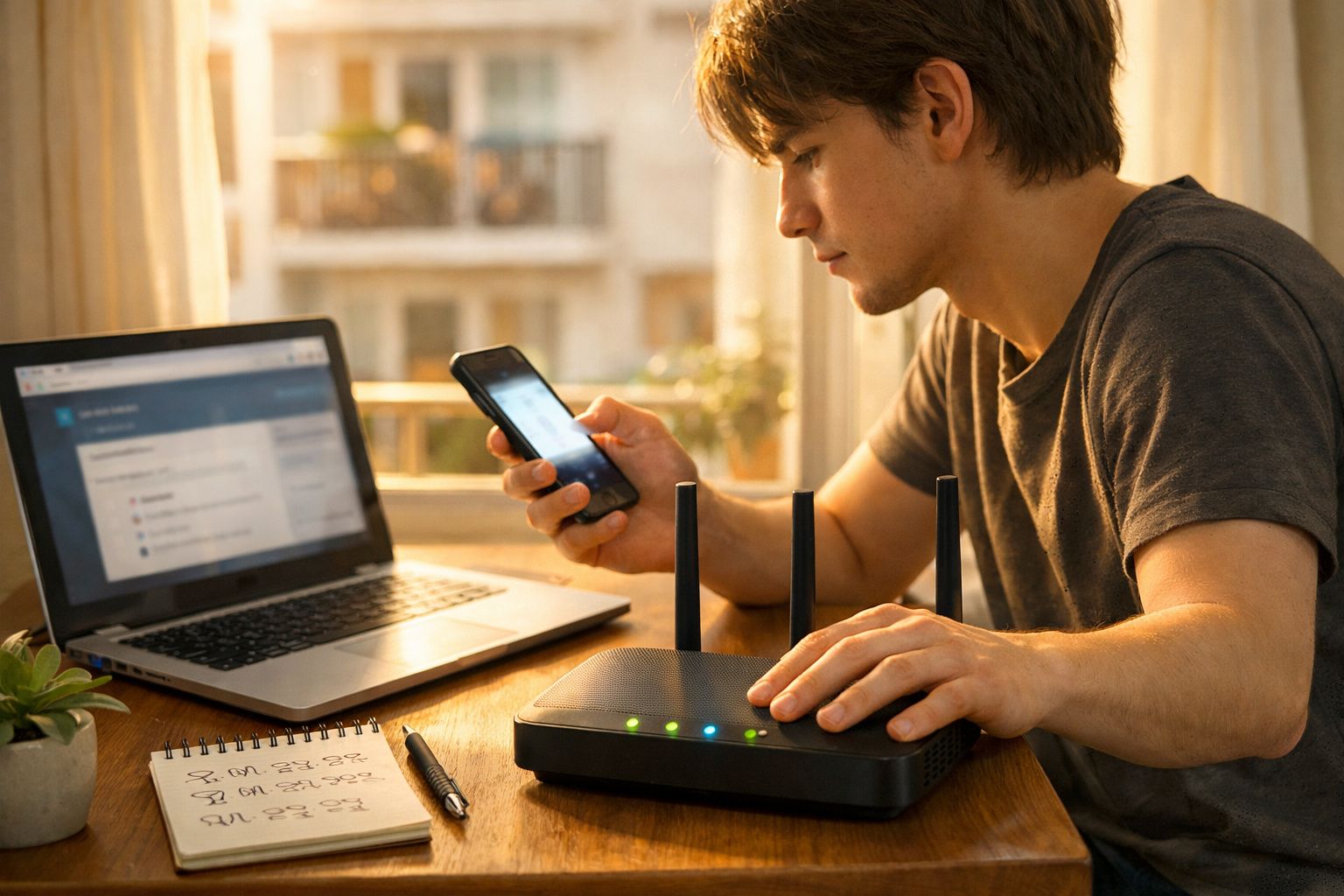 Jovem ajusta roteador Wi-Fi enquanto segura celular, com notebook aberto em mesa perto da janela.