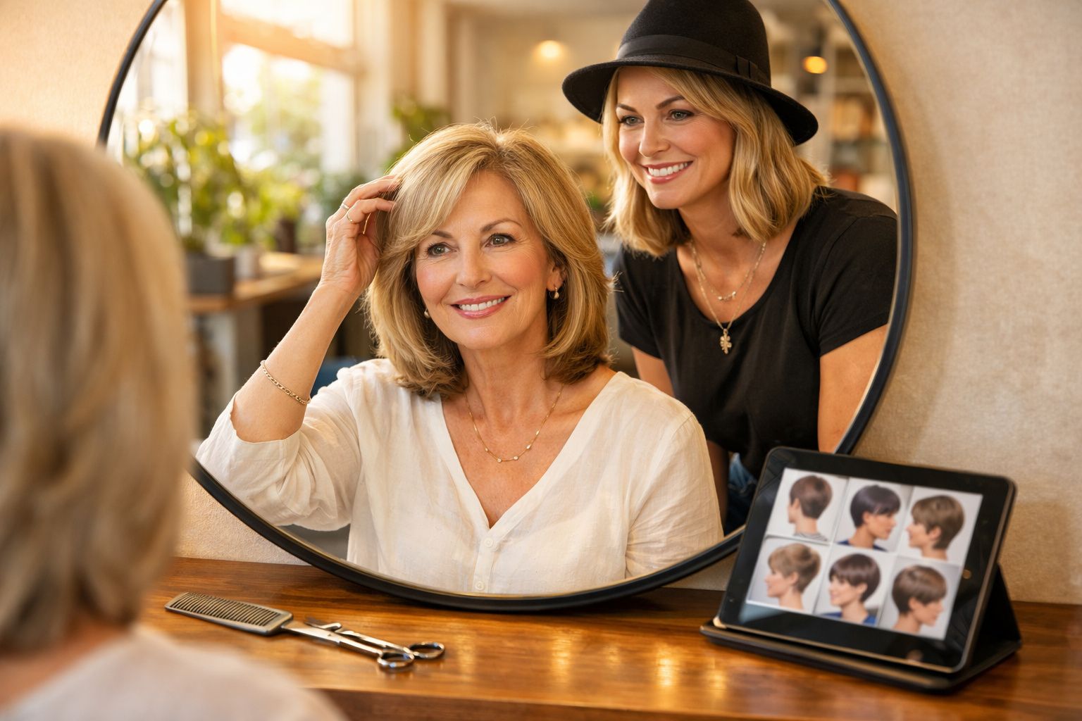 Mulher loira em frente ao espelho sorrindo enquanto cabeleireira oferece opções de cortes em tablet.