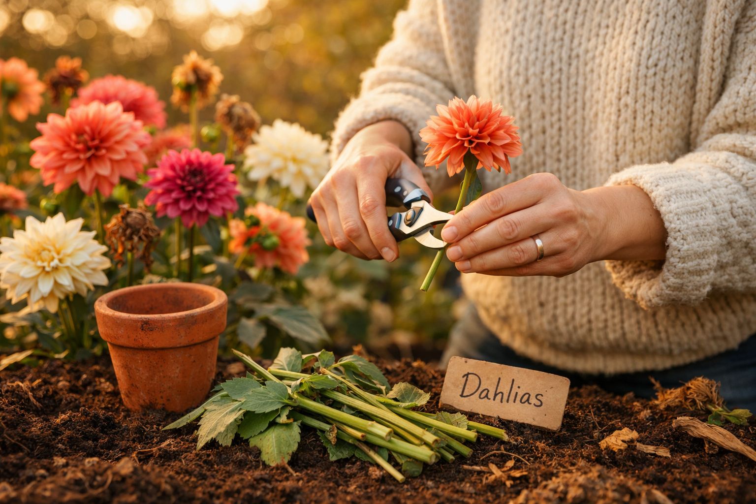 Pessoa colhendo flor dália laranja com tesoura de poda em jardim com várias dálias coloridas.