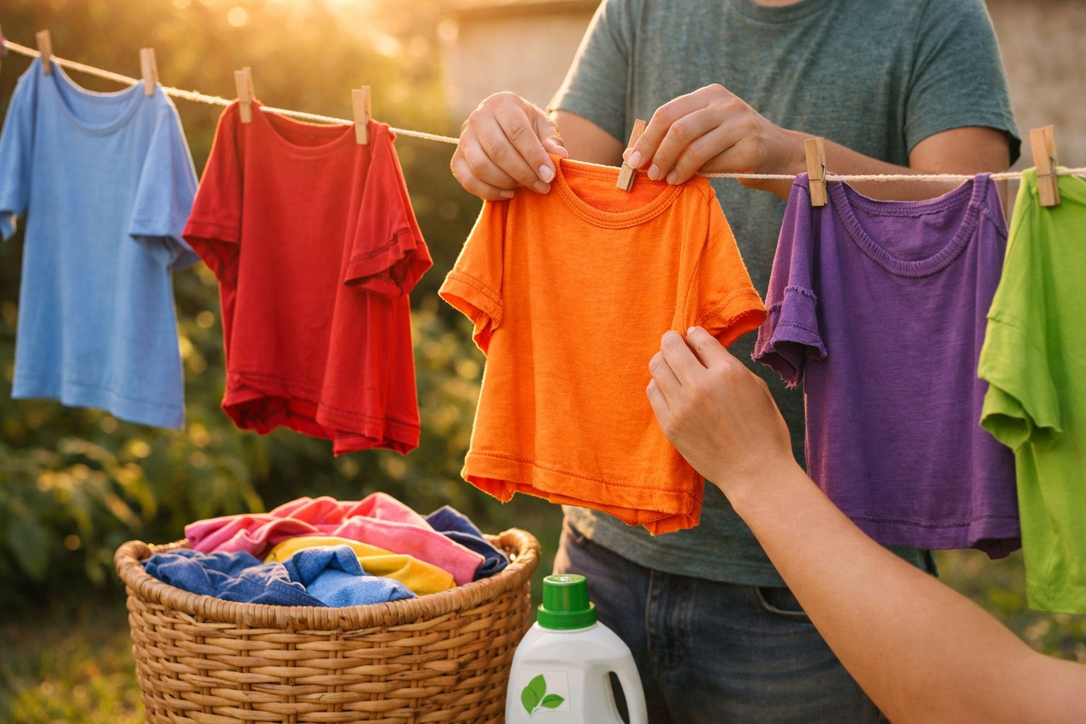 Pessoa pendura camisetas coloridas em um varal ao ar livre com cesta de roupas ao lado.