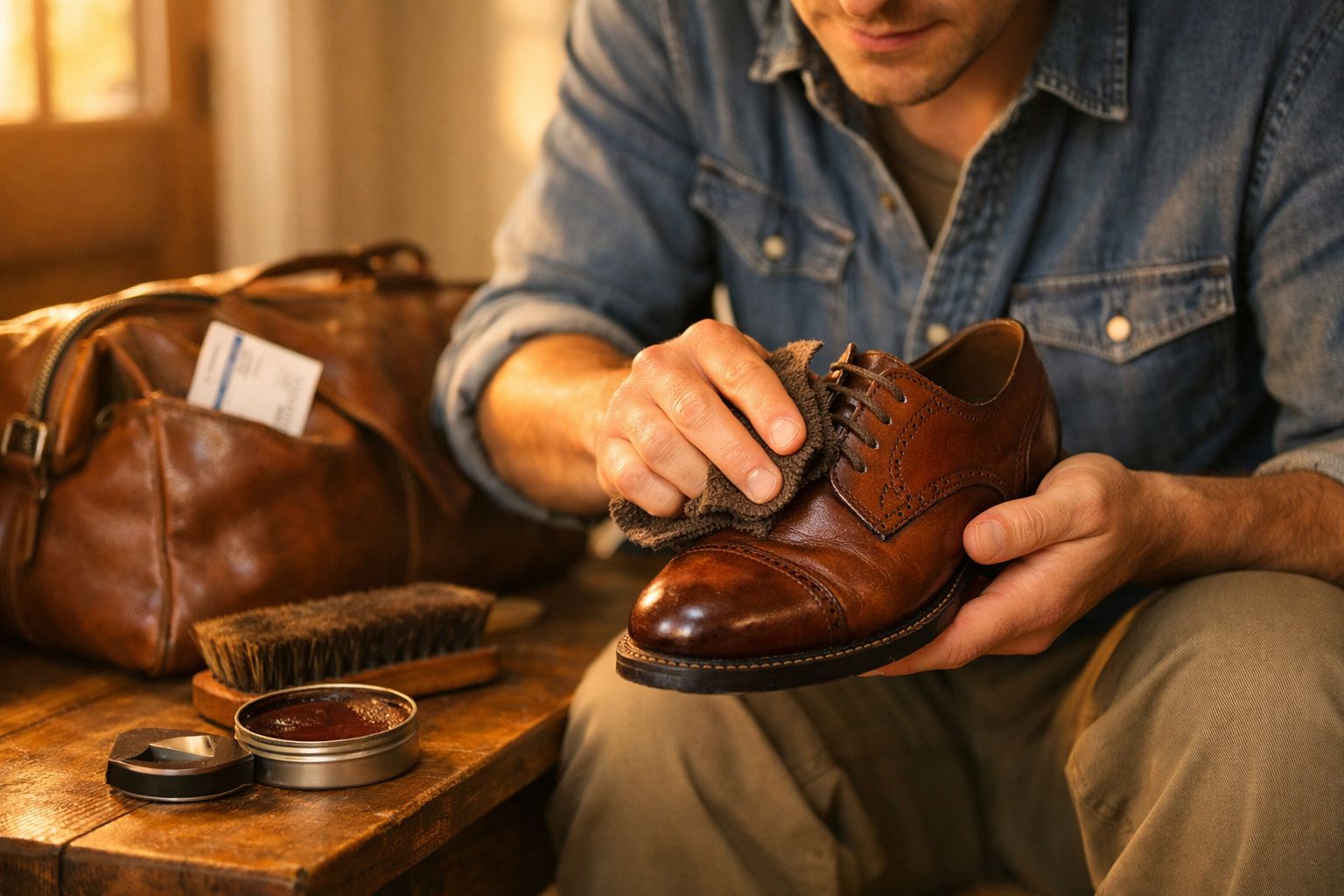 Pessoa limpando sapato social marrom com pano ao lado de bolsa de couro e produtos de limpeza.