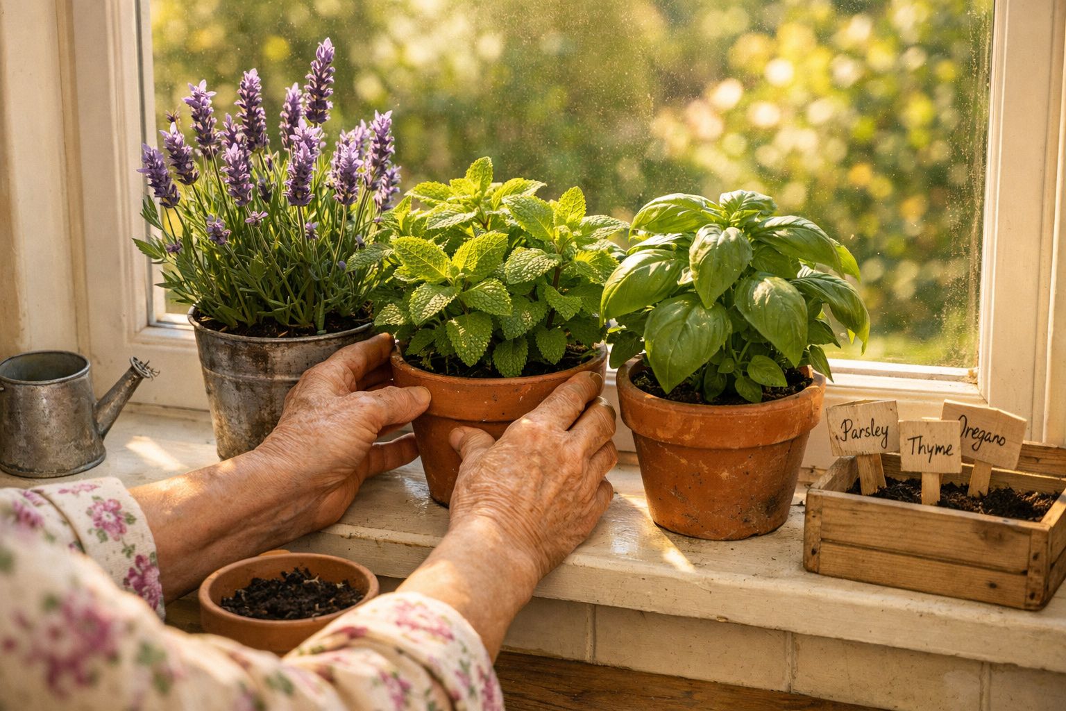 Mãos de idosa cuidando de vasos com plantas aromáticas e ervas em parapeito de janela ensolarada.