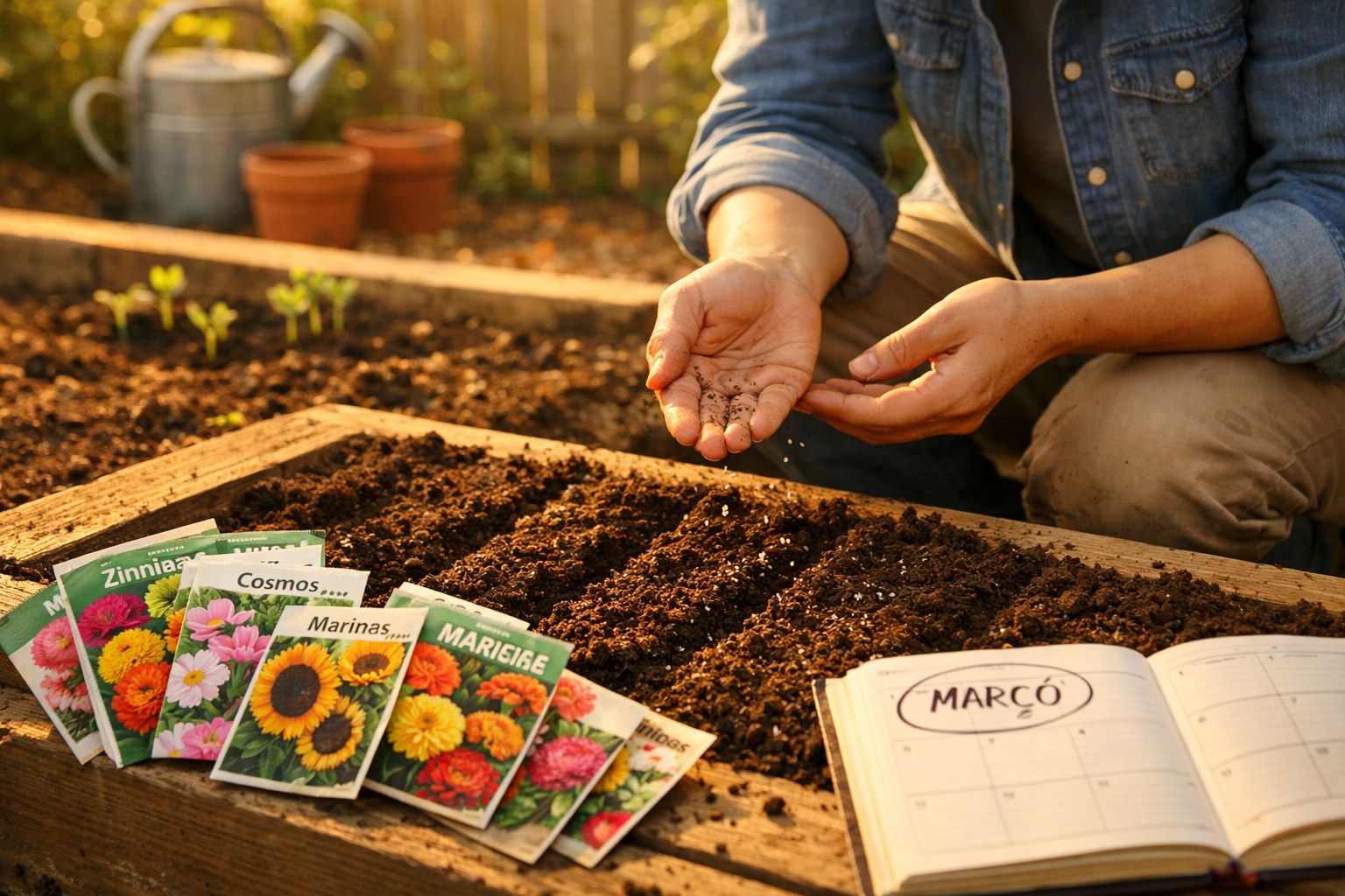 Pessoa semeando sementes em canteiro com envelopes de sementes e caderno aberto marcando março.