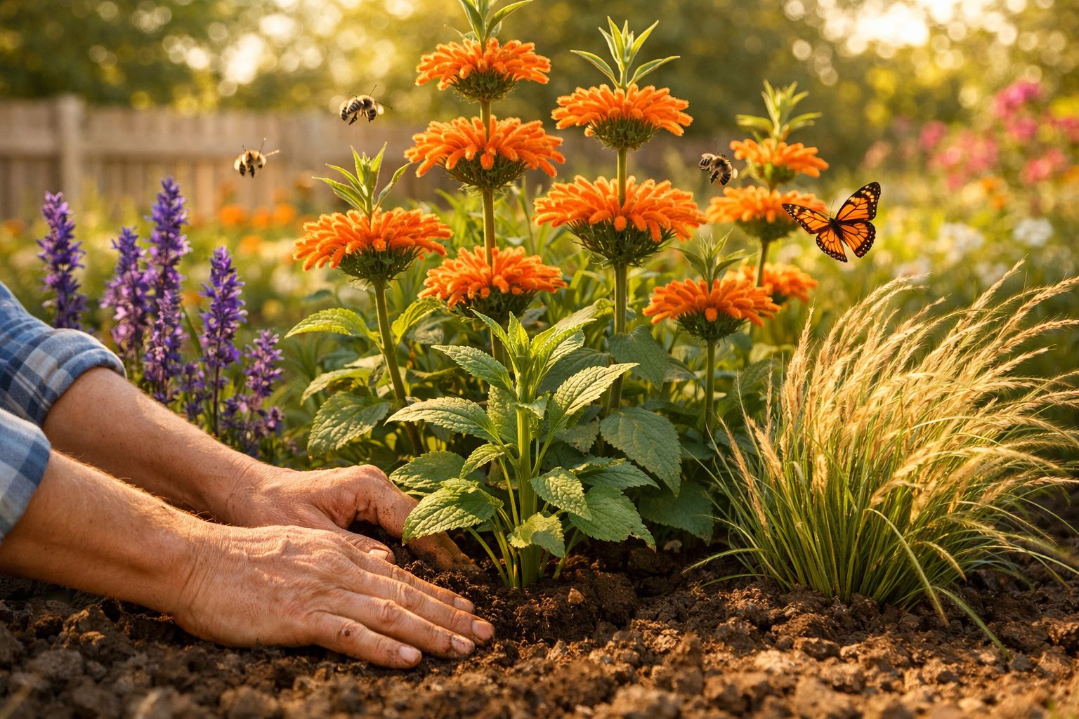 Mãos plantando muda em jardim com flores laranja, abelhas voando e borboleta sobre grama ao entardecer.