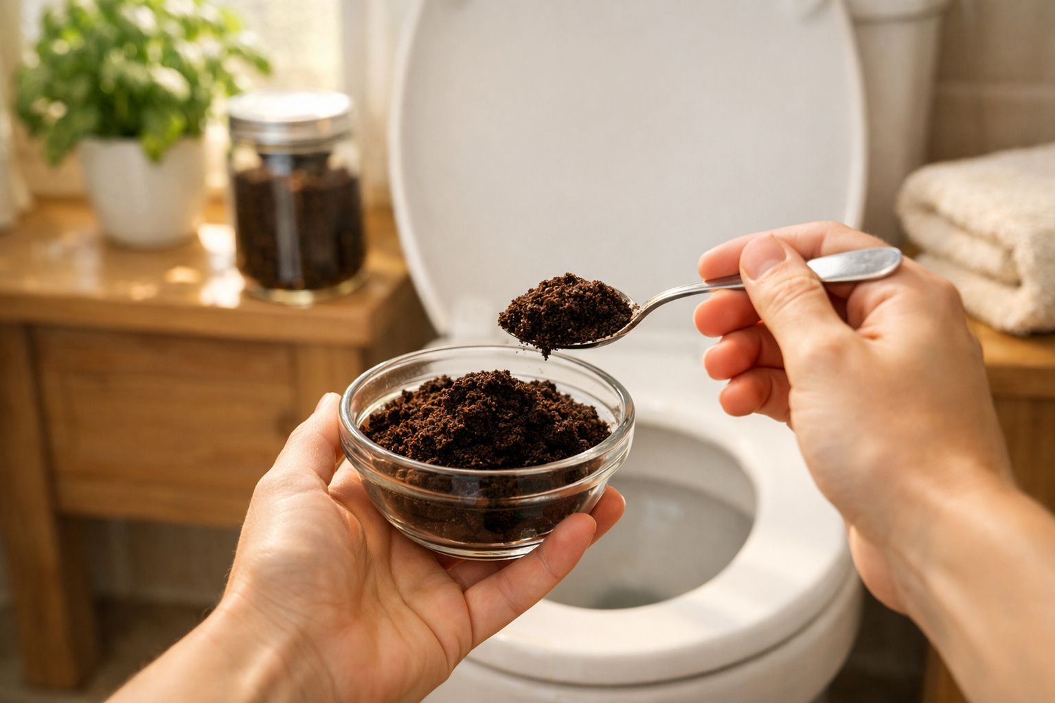 Pessoa despejando borra de café no vaso sanitário dentro de banheiro com toalha e planta ao fundo.