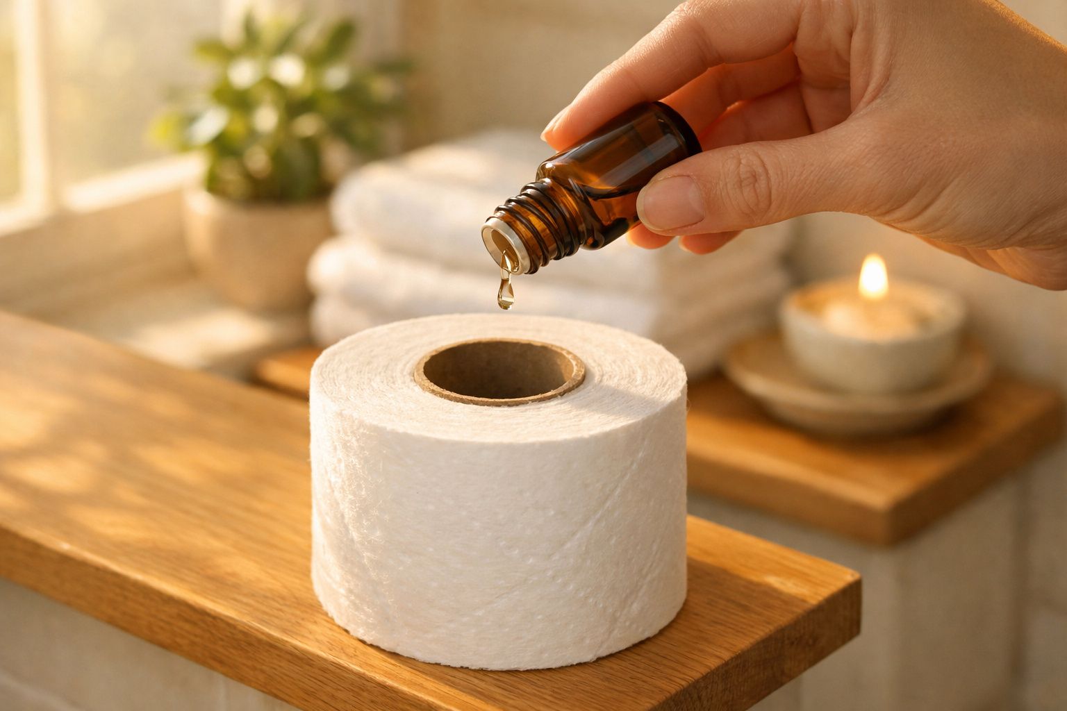Mão pingando óleo essencial sobre um rolo de papel higiênico em ambiente relaxante com vela acesa e toalhas.