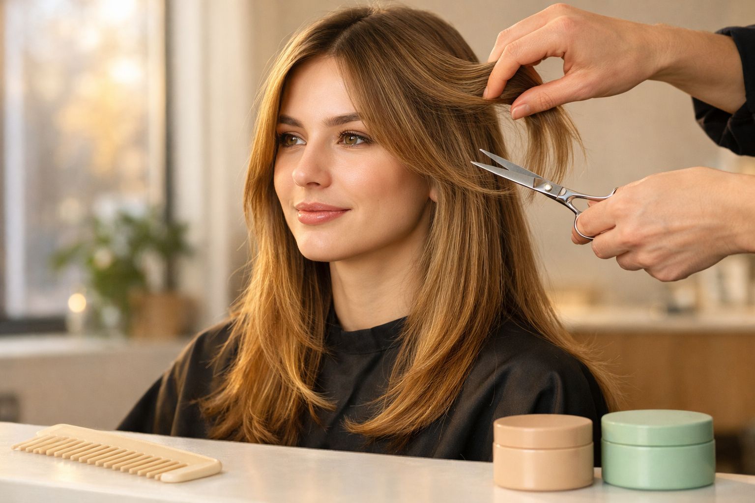 Mulher sorrindo recebendo corte de cabelo em salão de beleza, com tesoura próxima aos fios.