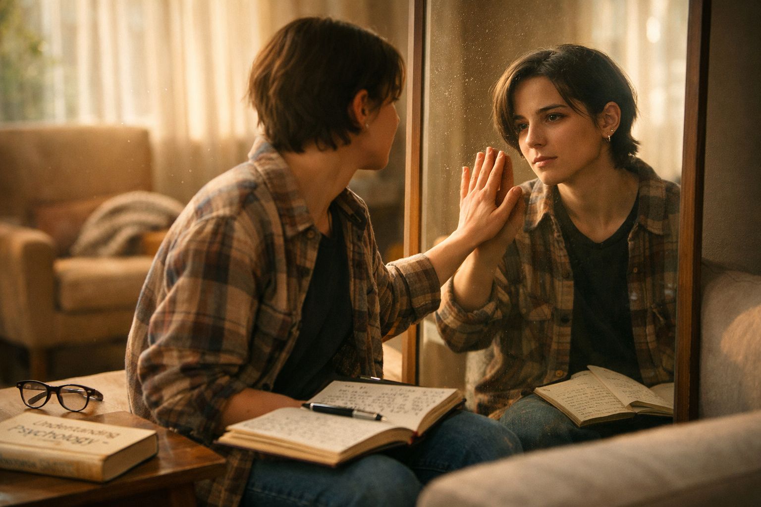 Pessoa jovem sentada no chão com livro e refletindo ao olhar o próprio reflexo no espelho à sua frente.