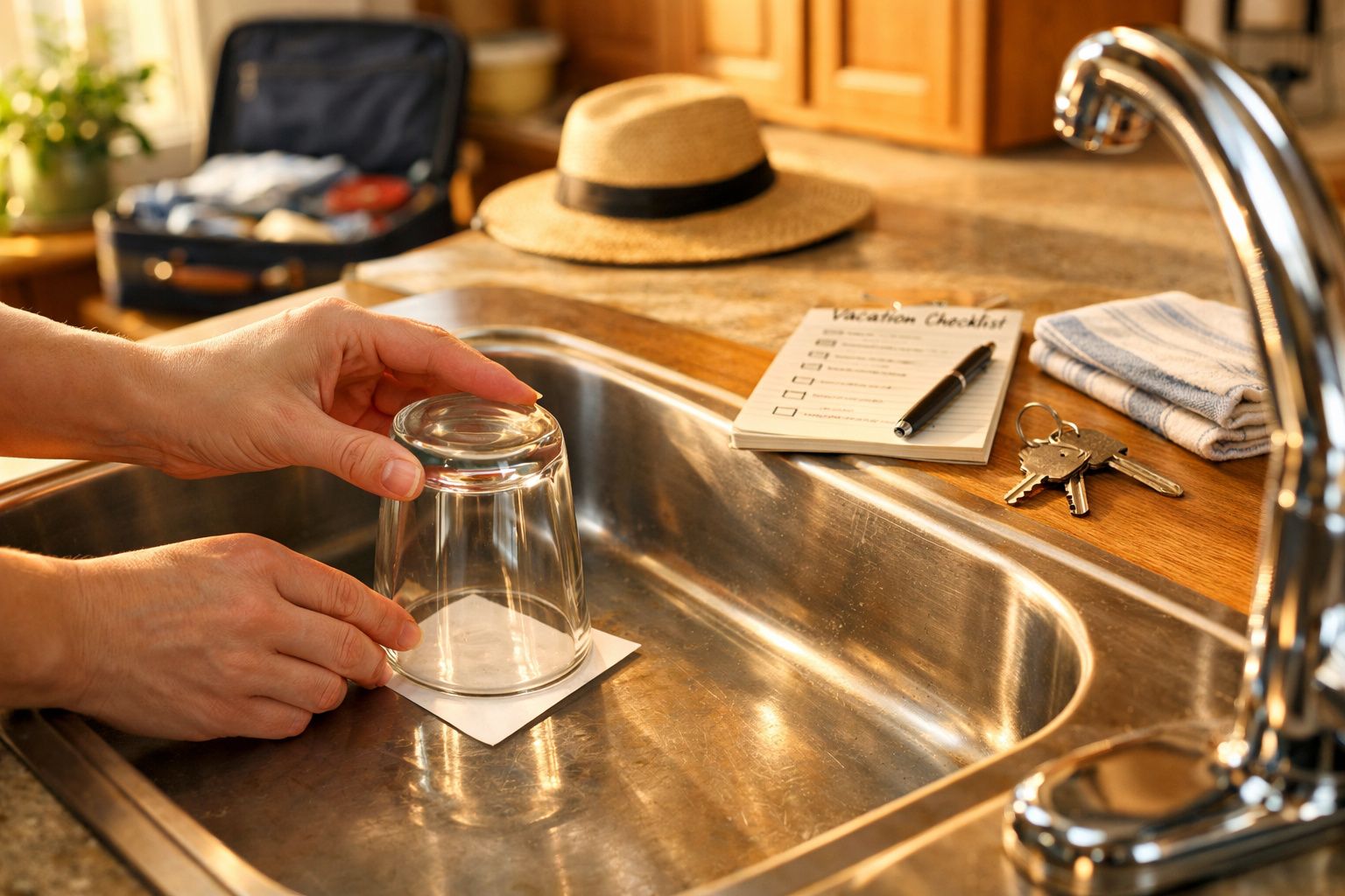 Mãos secando um copo em um pano na pia, com lista de viagem, chapéu e chaves ao fundo.