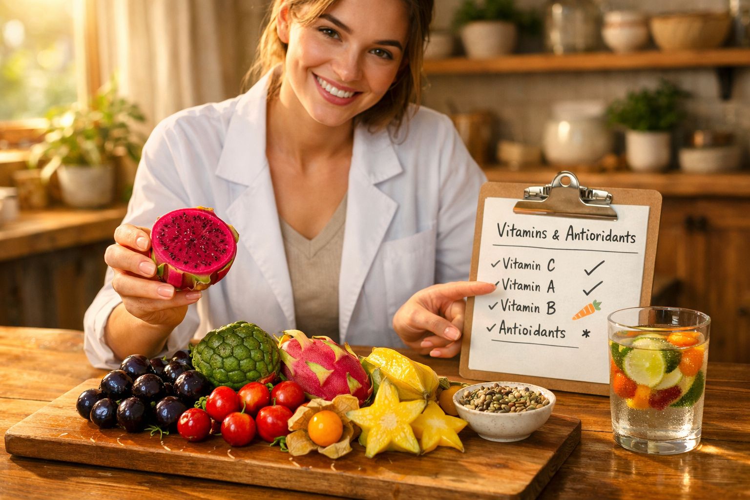 Mulher segurando fruta e mostrando prancheta sobre vitaminas, com variedade de frutas na mesa.