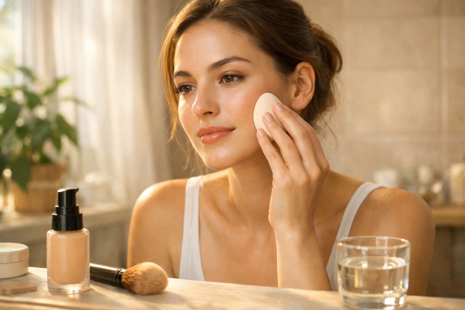 Mulher aplicando base facial com esponja em ambiente iluminado próximo a itens de maquiagem e copo d'água.